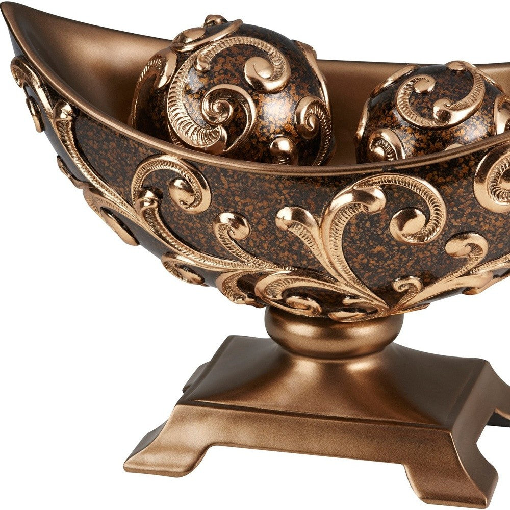 11" Brown And Gold Polyresin Decorative Bowl With Orbs-Sculptures-DECOROLALA