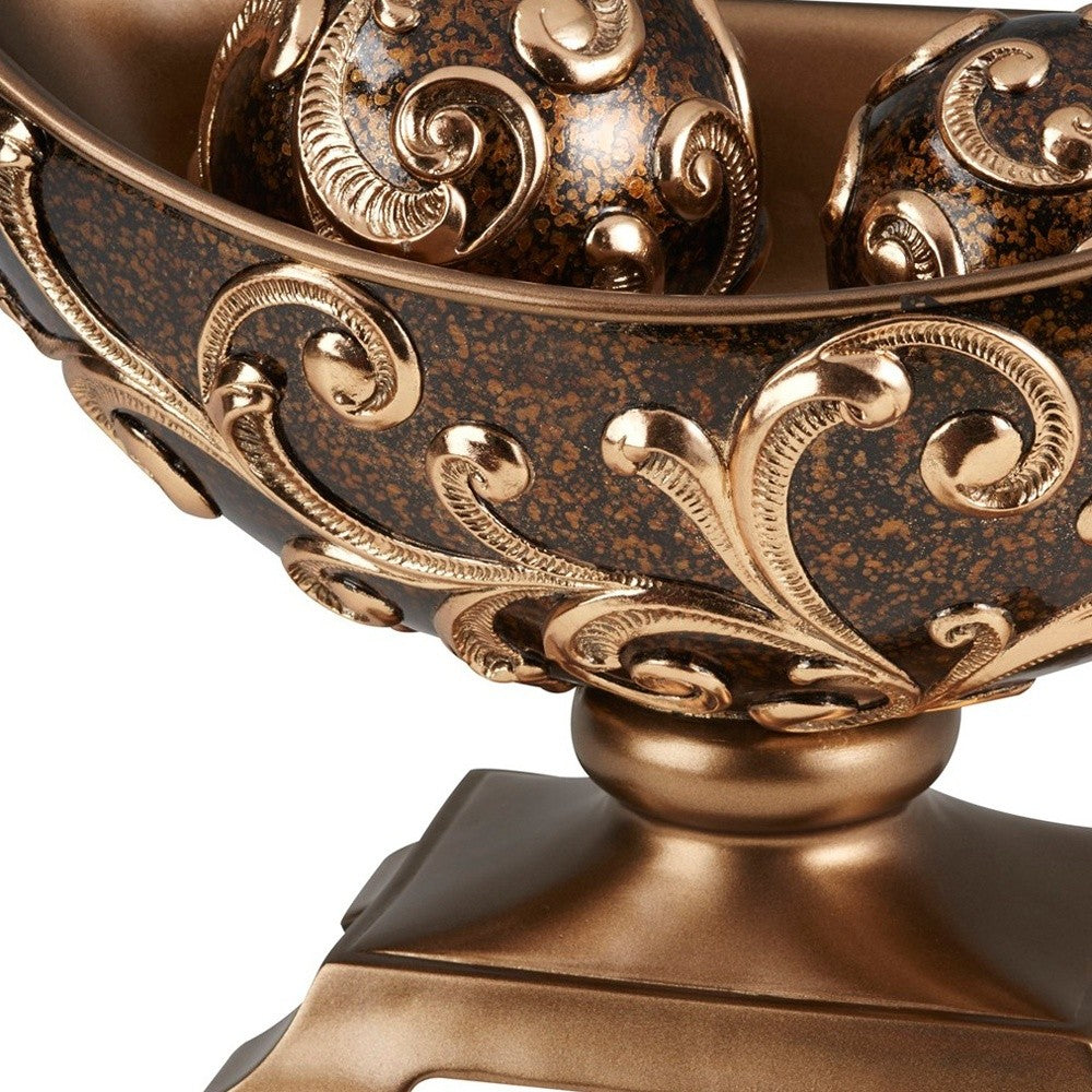 11" Brown And Gold Polyresin Decorative Bowl With Orbs-Sculptures-DECOROLALA