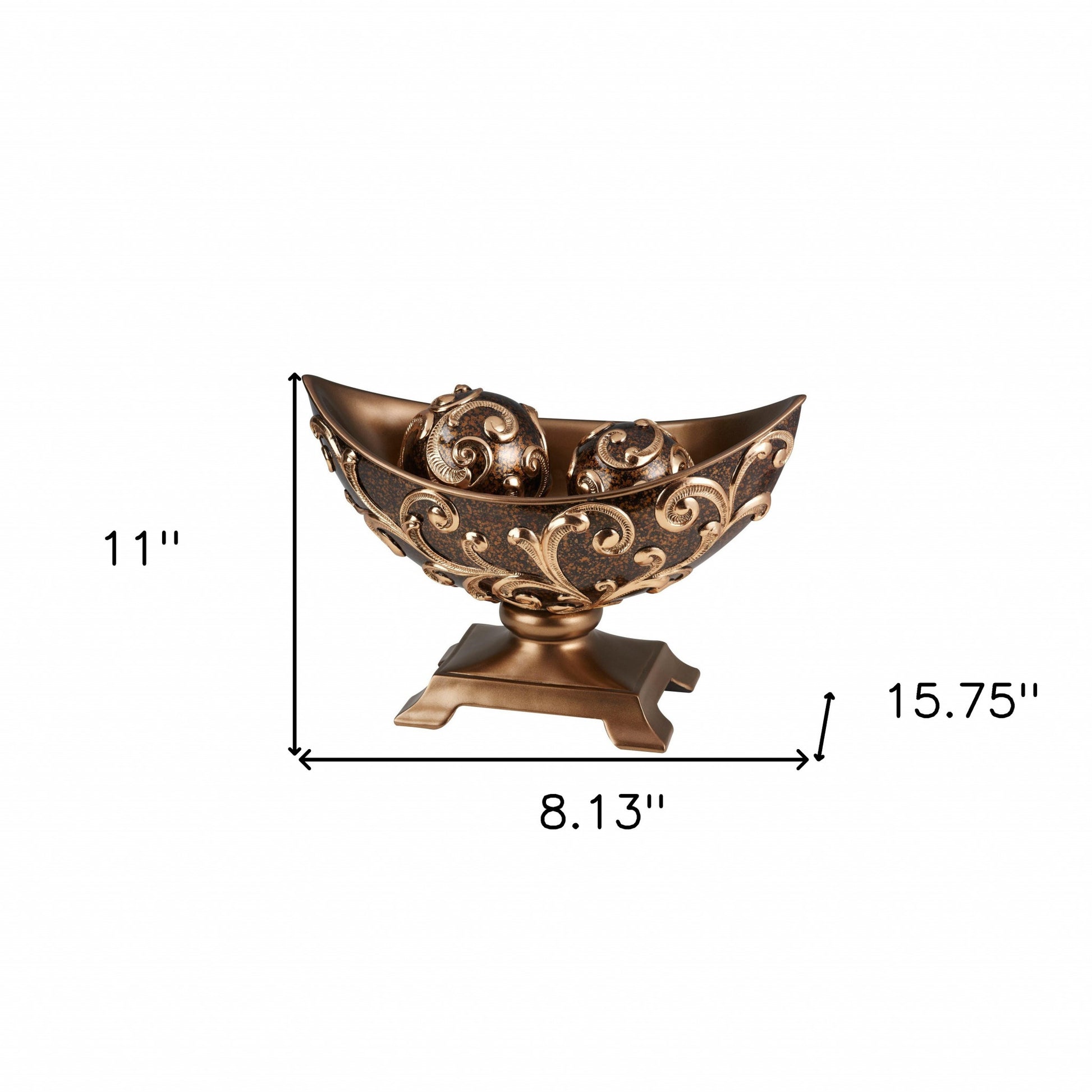 11" Brown And Gold Polyresin Decorative Bowl With Orbs-Sculptures-DECOROLALA