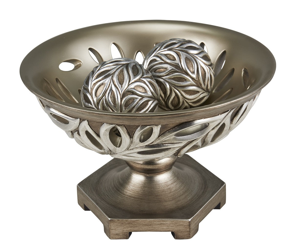 13" Brushed Silver Leaf Polyresin Decorative Pedestal Bowl with Orbs-Sculptures-DECOROLALA
