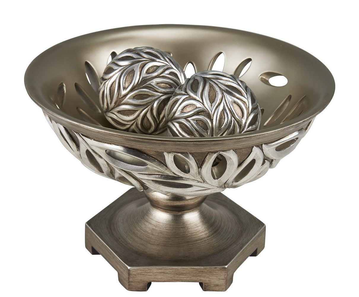 13" Brushed Silver Leaf Polyresin Decorative Pedestal Bowl with Orbs-Sculptures-DECOROLALA
