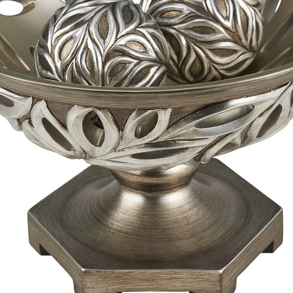 13" Brushed Silver Leaf Polyresin Decorative Pedestal Bowl with Orbs-Sculptures-DECOROLALA