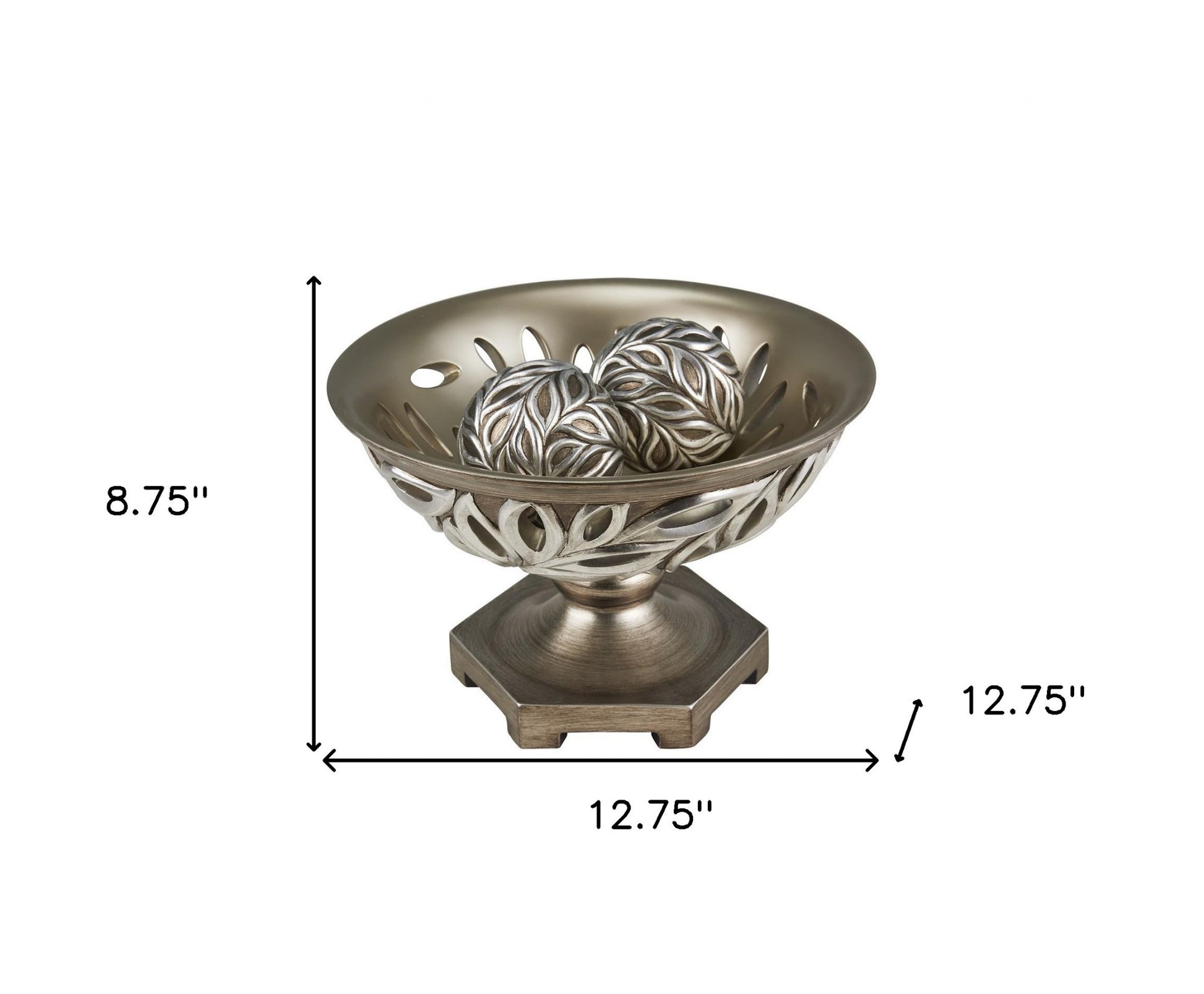 13" Brushed Silver Leaf Polyresin Decorative Pedestal Bowl with Orbs-Sculptures-DECOROLALA
