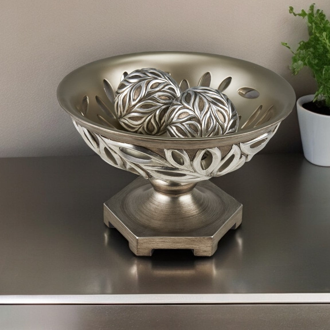 13" Brushed Silver Leaf Polyresin Decorative Pedestal Bowl with Orbs-Sculptures-DECOROLALA