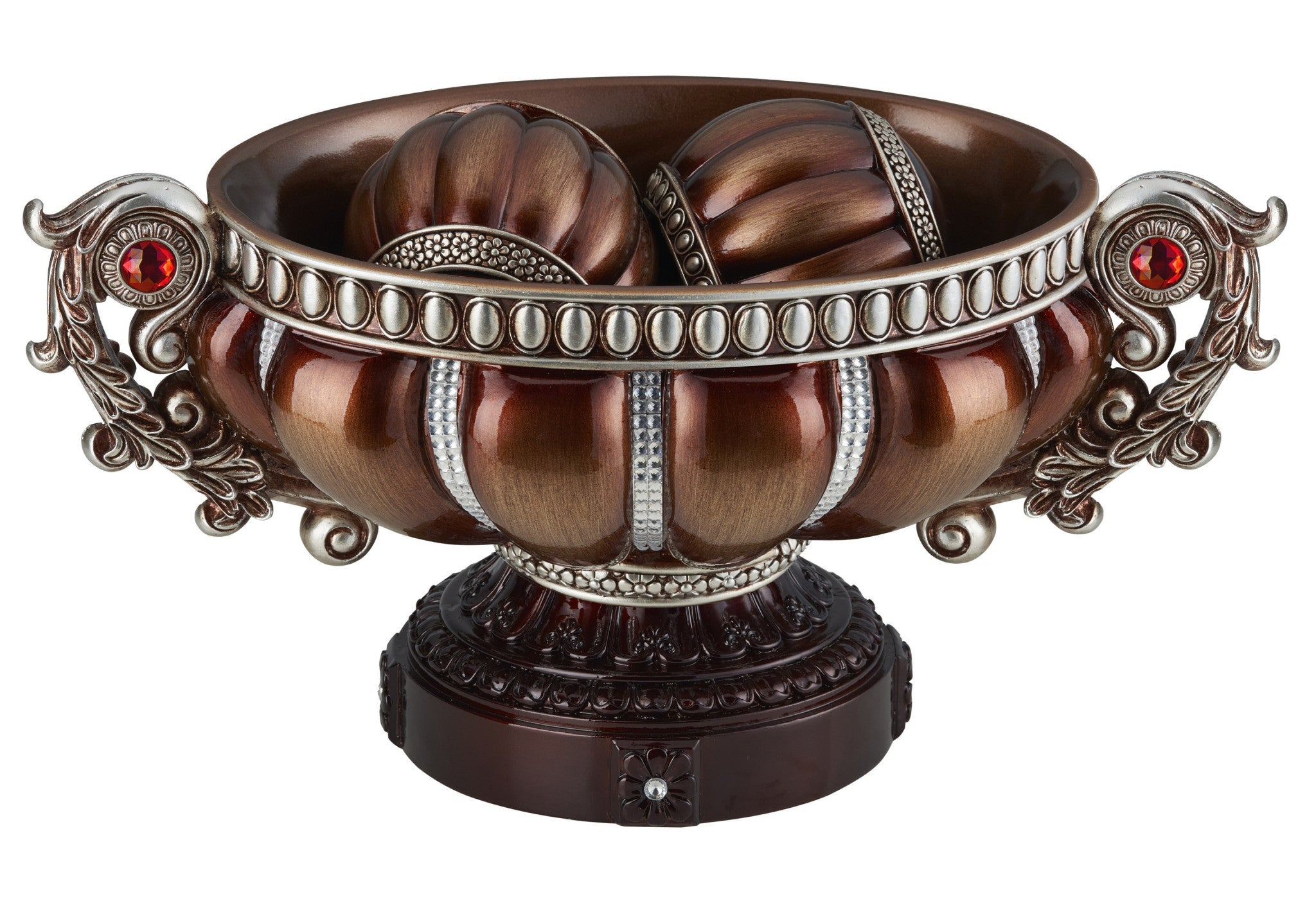 9" Reddish Bronze And Silver Polyresin Decorative Bowl With Orbs-Sculptures-DECOROLALA