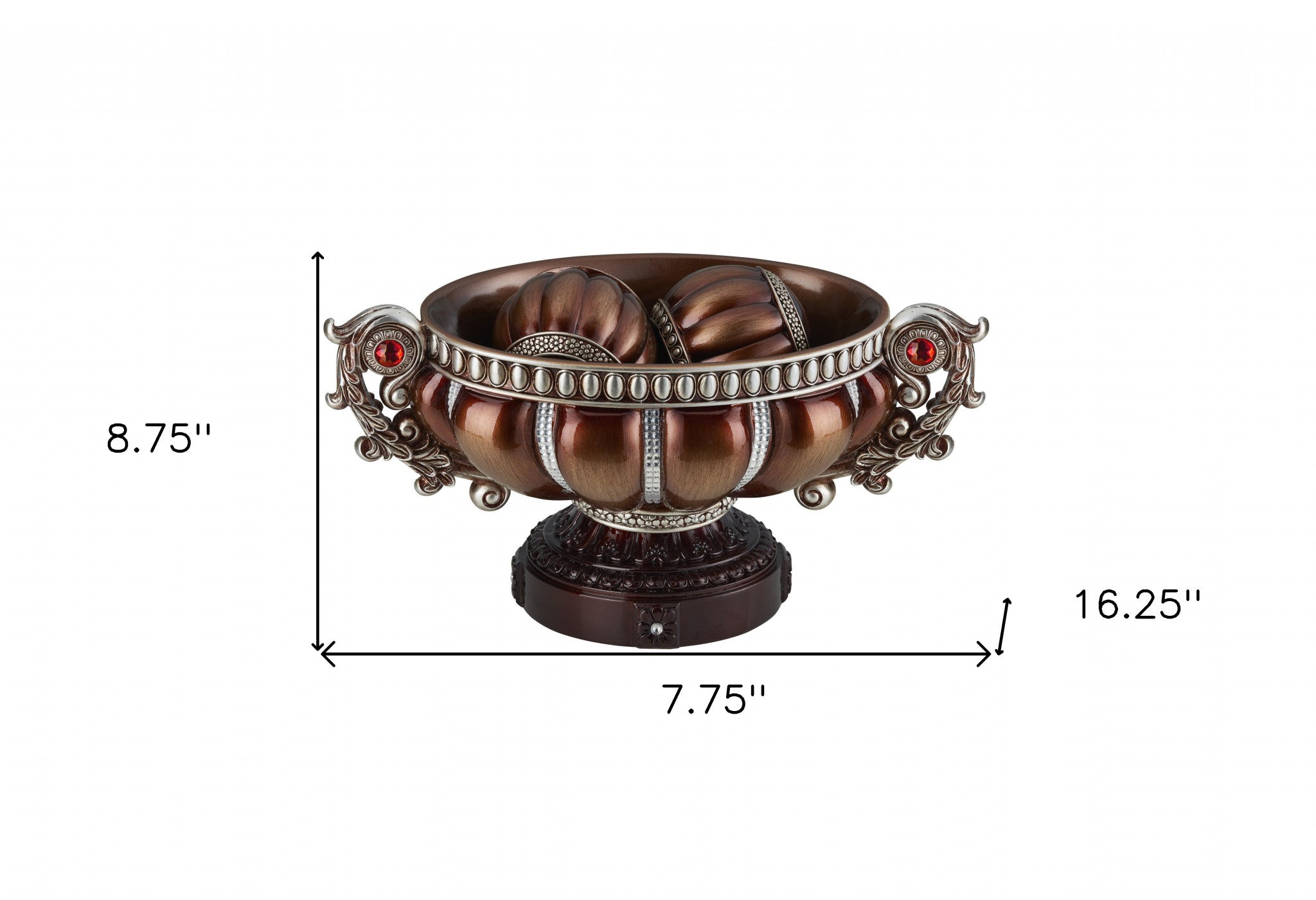 9" Reddish Bronze And Silver Polyresin Decorative Bowl With Orbs-Sculptures-DECOROLALA