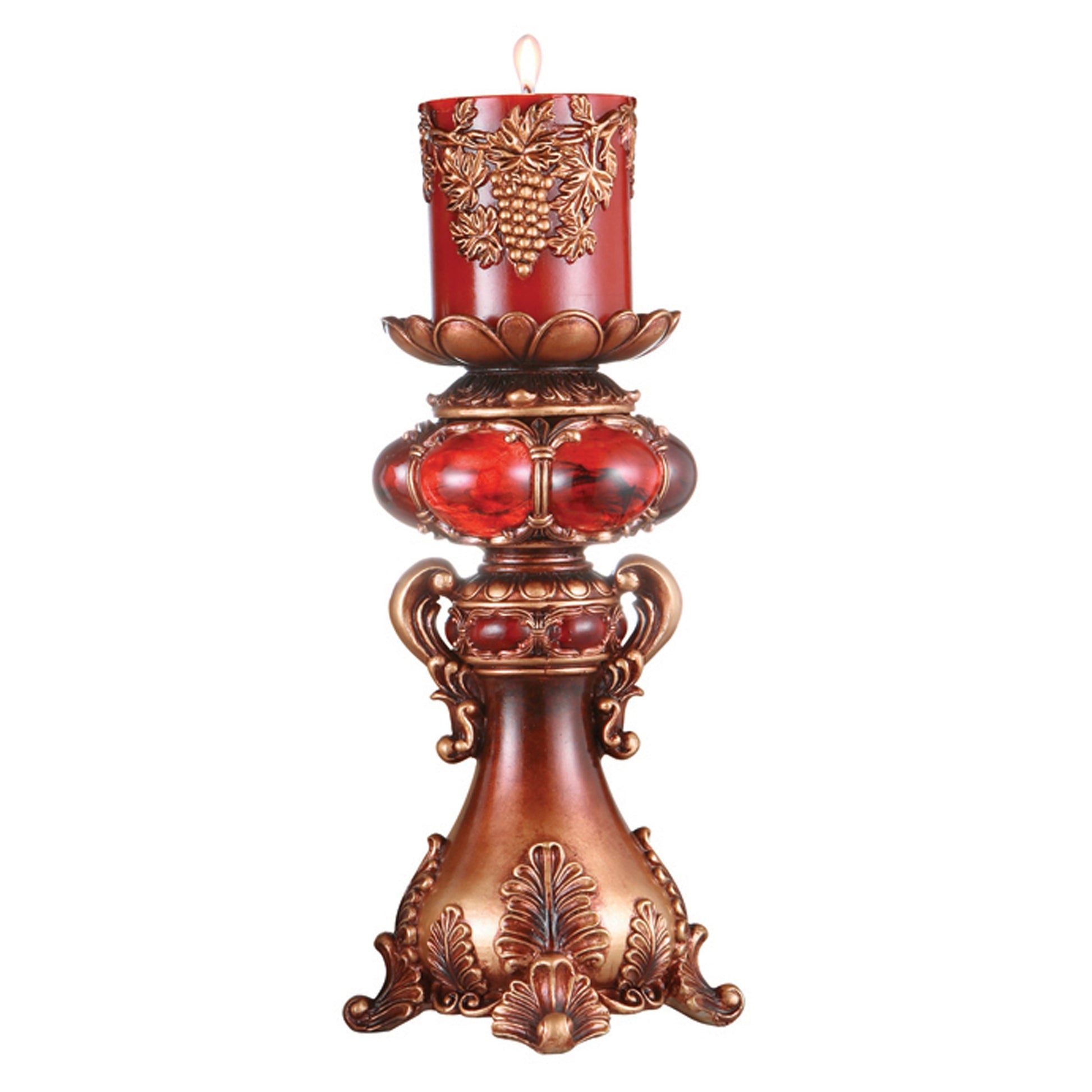16" Tall Red and Brown Faux Marble Candle Holder with Candle-Candle Holders-DECOROLALA