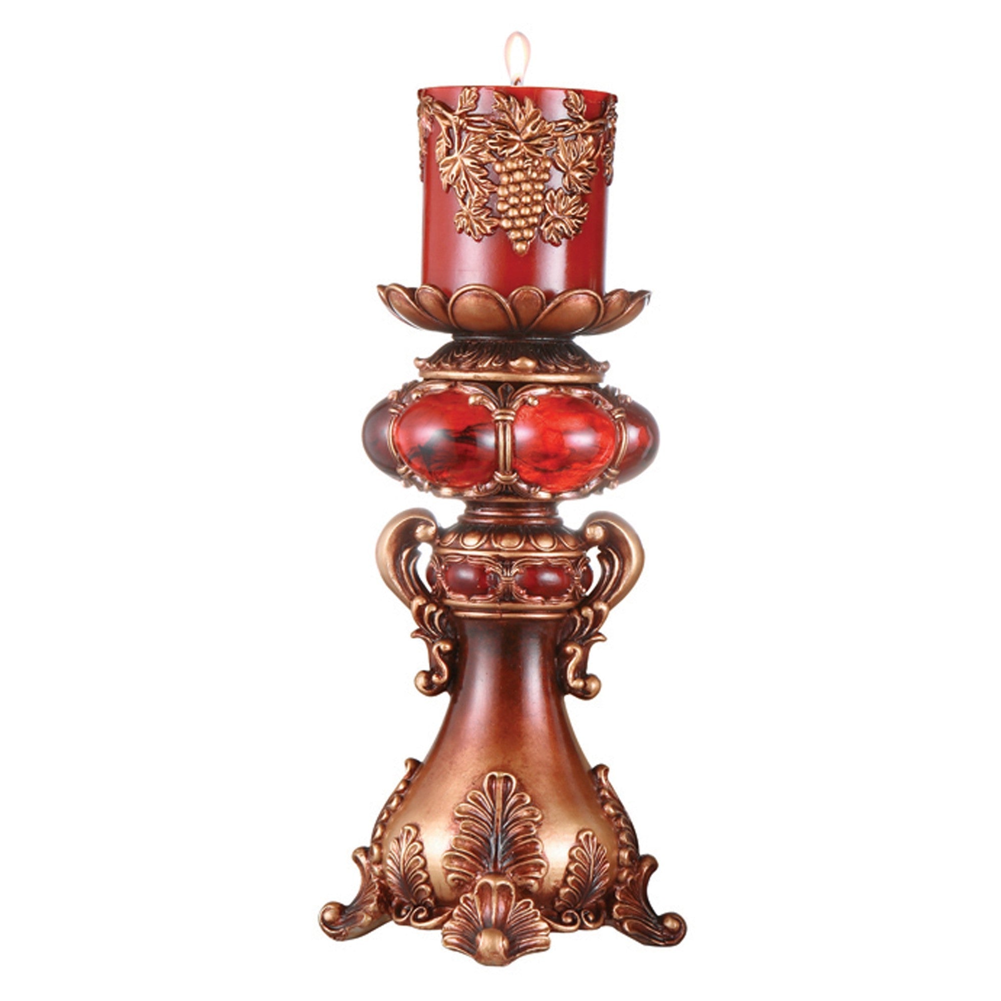 16" Tall Red and Brown Faux Marble Candle Holder with Candle-Candle Holders-DECOROLALA