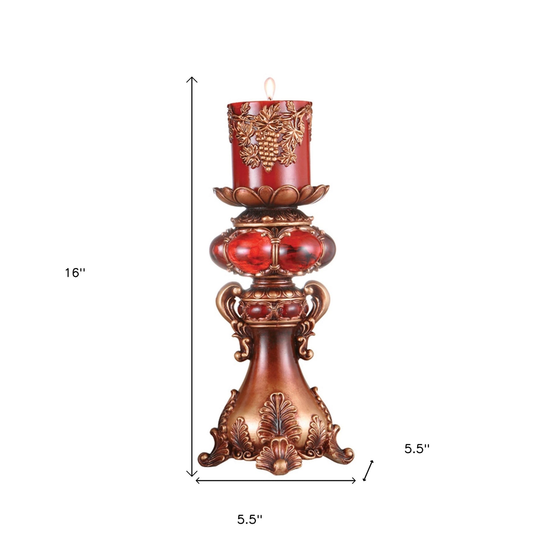 16" Tall Red and Brown Faux Marble Candle Holder with Candle-Candle Holders-DECOROLALA