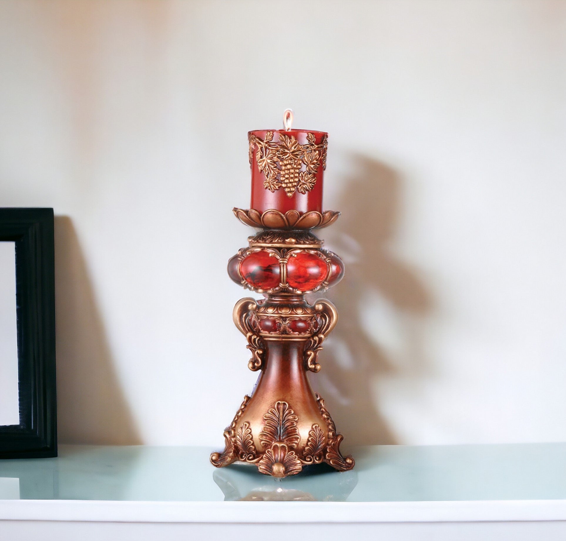 16" Tall Red and Brown Faux Marble Candle Holder with Candle-Candle Holders-DECOROLALA
