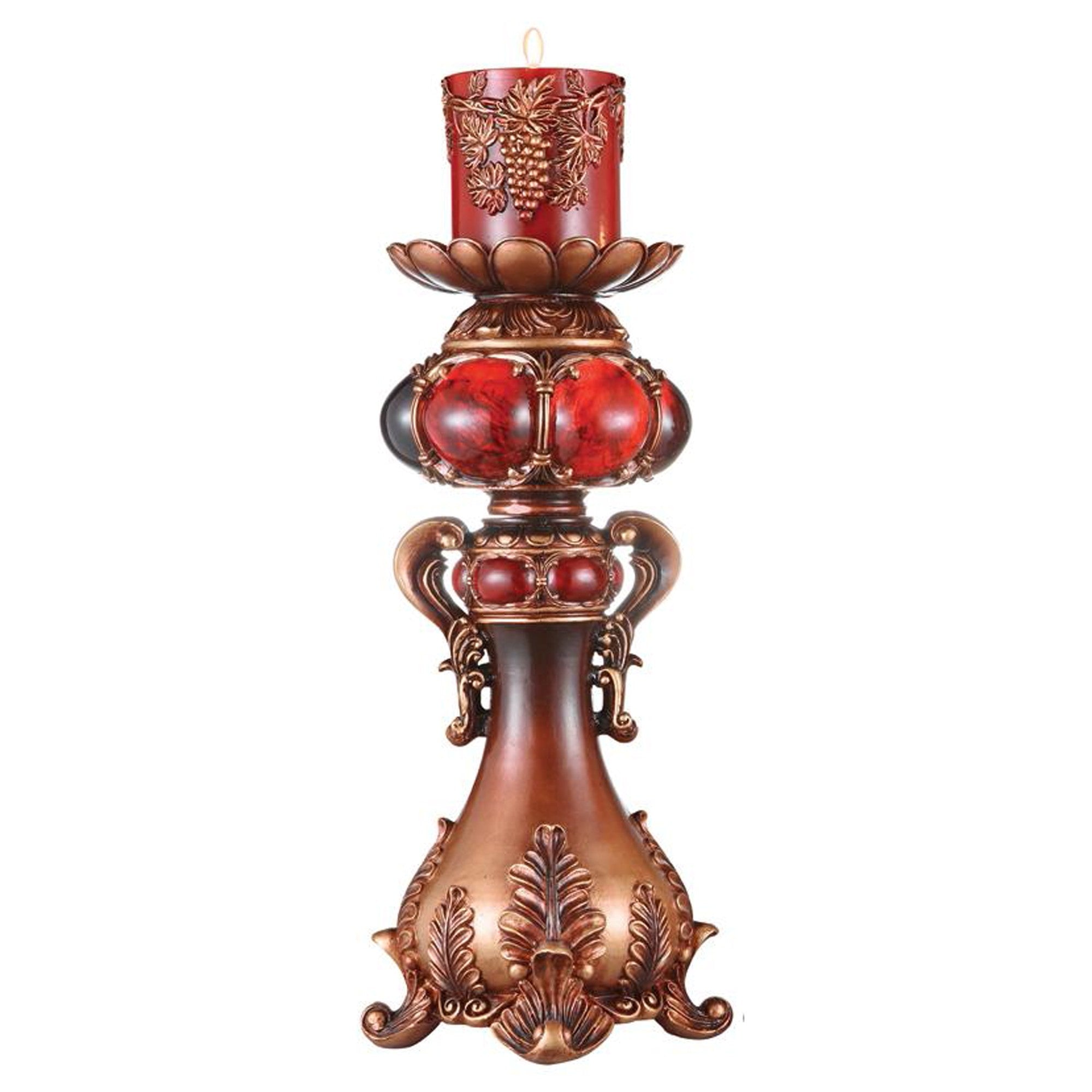 20" Brown and Red Faux Marble Tabletop Candle Holder and Candle-Candle Holders-DECOROLALA