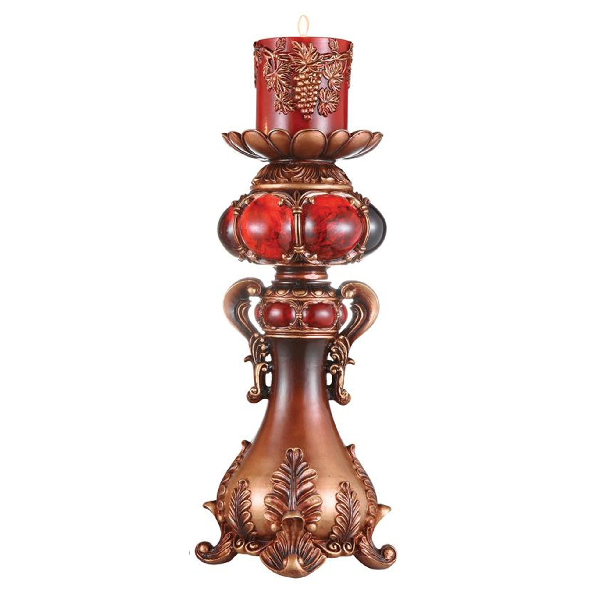 20" Brown and Red Faux Marble Tabletop Candle Holder and Candle-Candle Holders-DECOROLALA