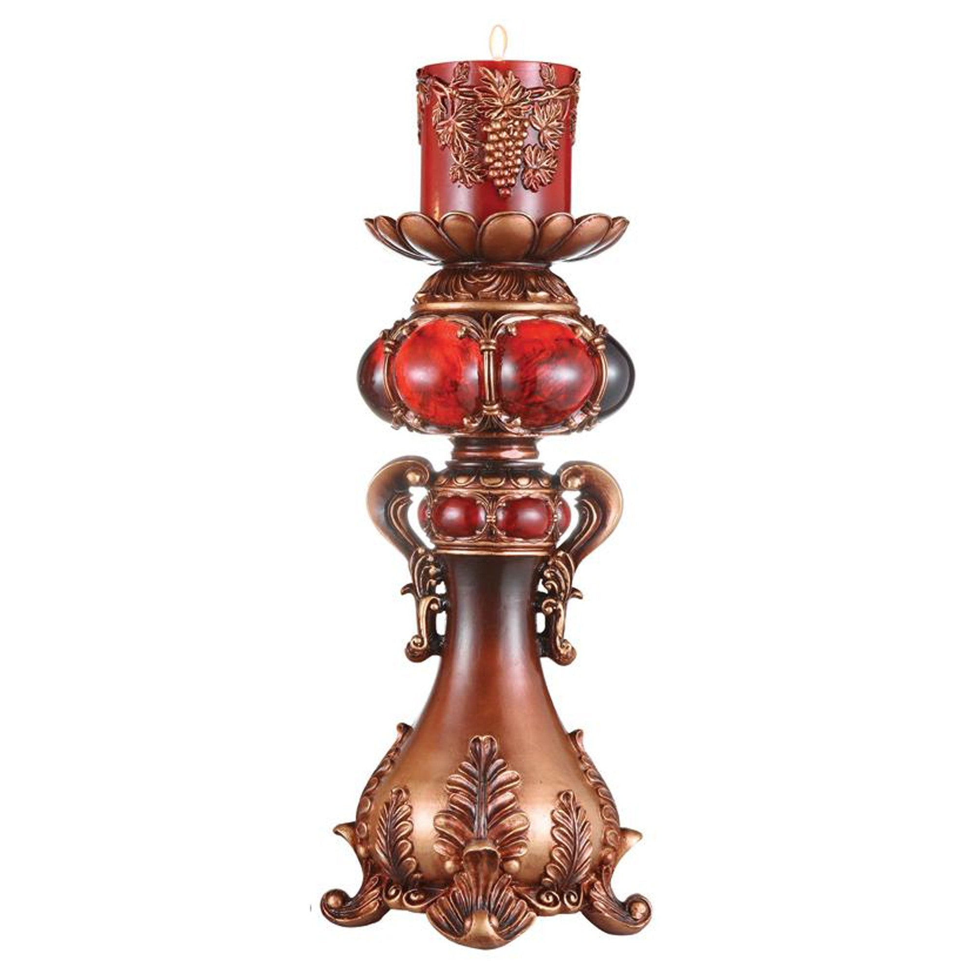 20" Brown and Red Faux Marble Tabletop Candle Holder and Candle-Candle Holders-DECOROLALA