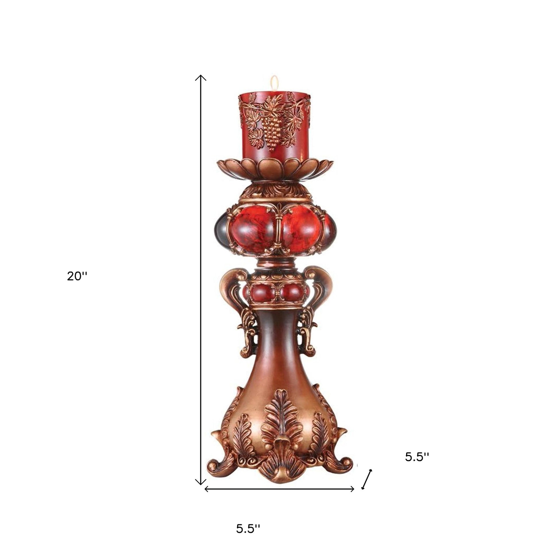 20" Brown and Red Faux Marble Tabletop Candle Holder and Candle-Candle Holders-DECOROLALA