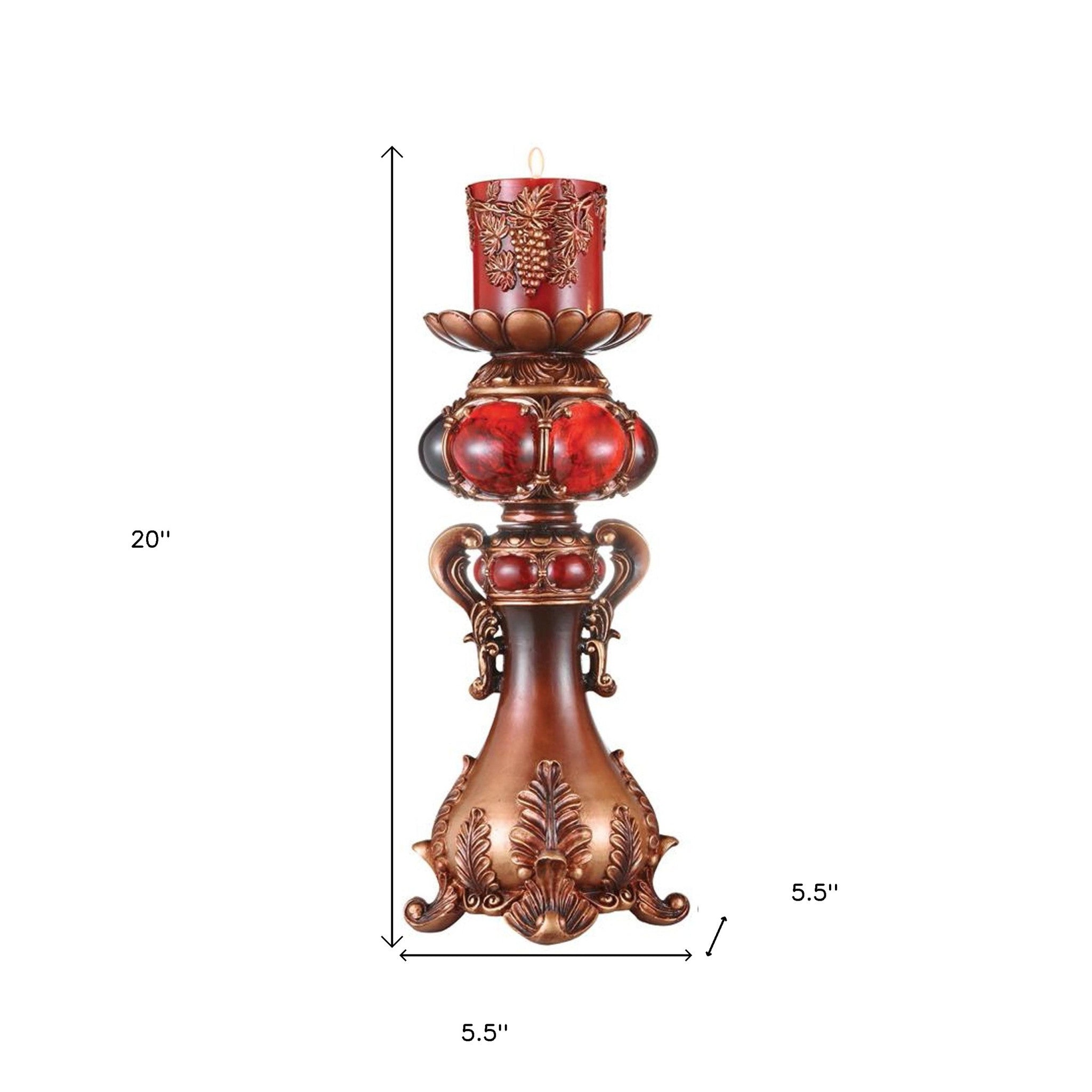 20" Brown and Red Faux Marble Tabletop Candle Holder and Candle-Candle Holders-DECOROLALA