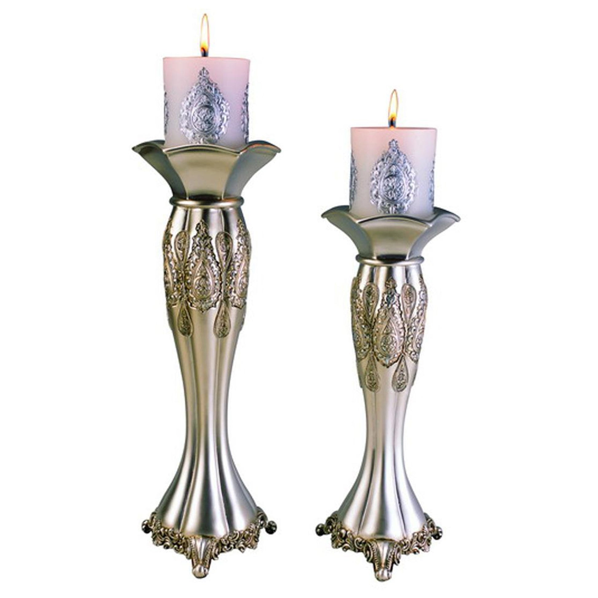 Set of Two Silver Metallic Polyresin Ornate Tabletop Pillar Candle Holders With Candle-Candle Holders-DECOROLALA