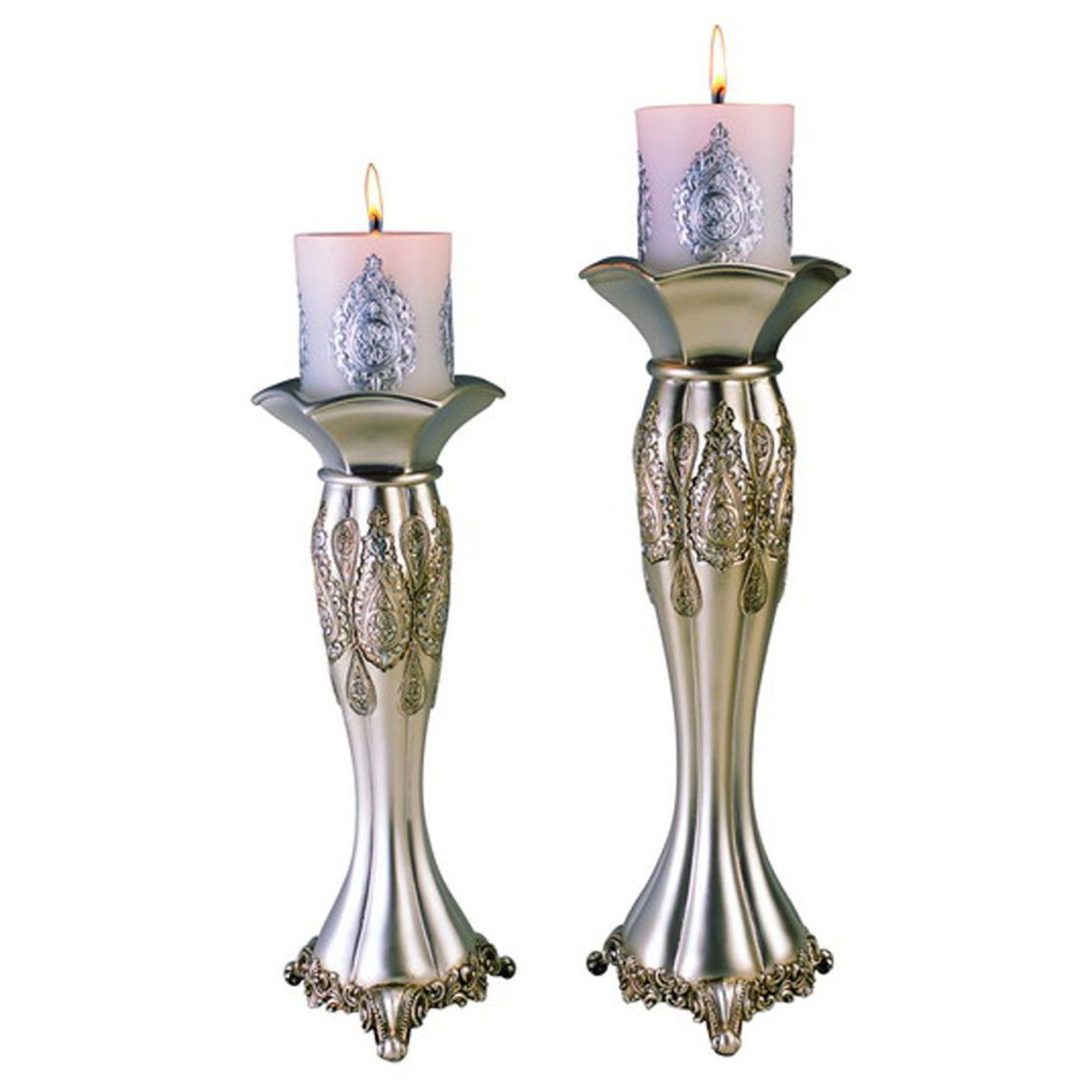 Set of Two Silver Metallic Polyresin Ornate Tabletop Pillar Candle Holders With Candle-Candle Holders-DECOROLALA