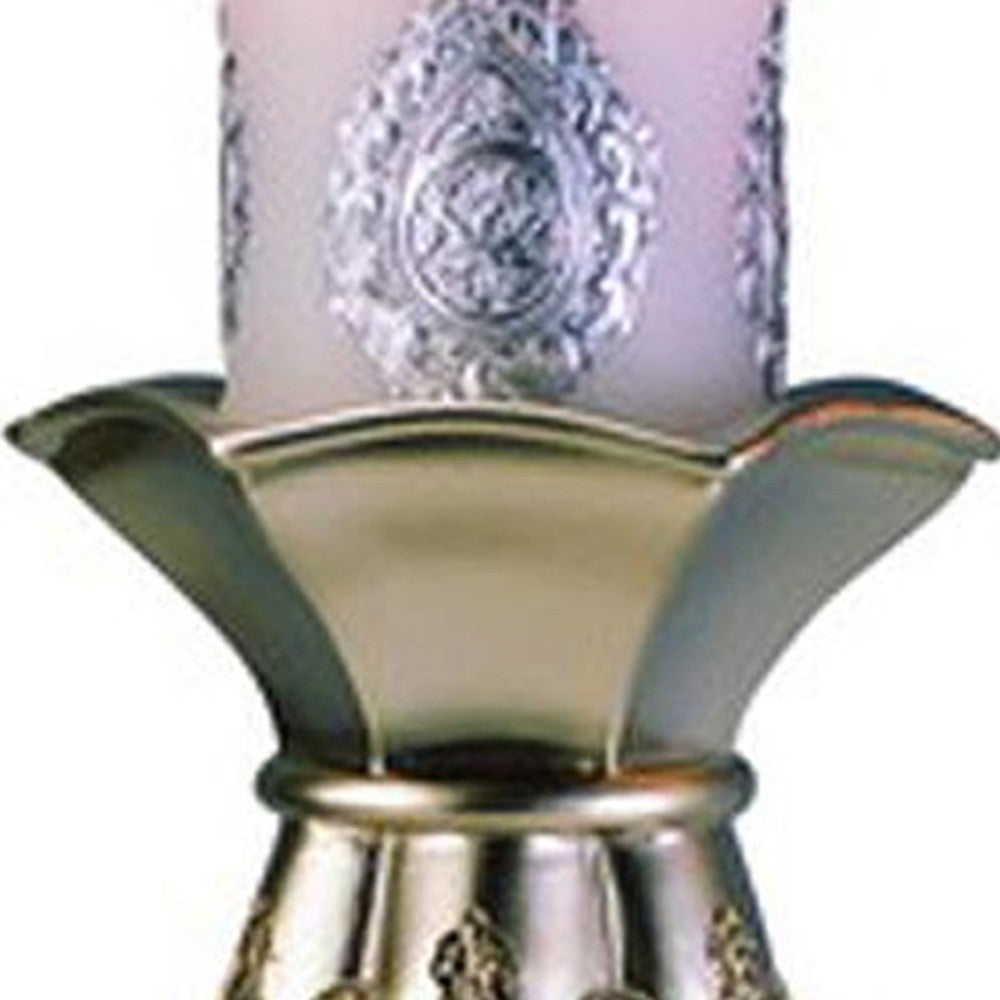 Set of Two Silver Metallic Polyresin Ornate Tabletop Pillar Candle Holders With Candle-Candle Holders-DECOROLALA