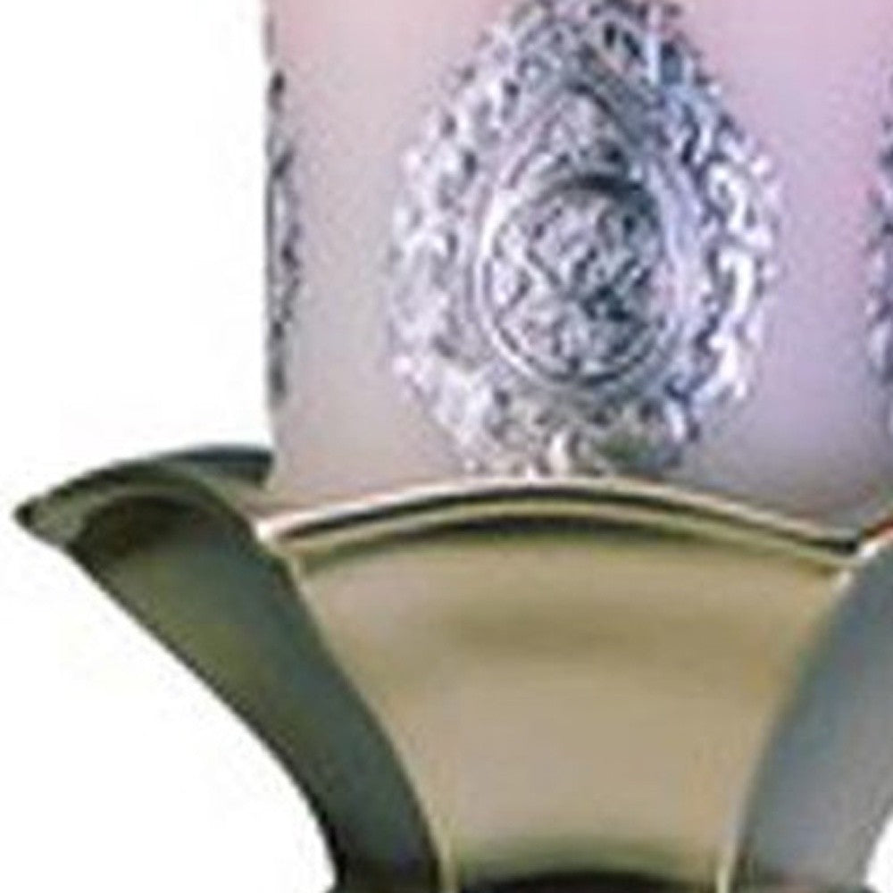 Set of Two Silver Metallic Polyresin Ornate Tabletop Pillar Candle Holders With Candle-Candle Holders-DECOROLALA