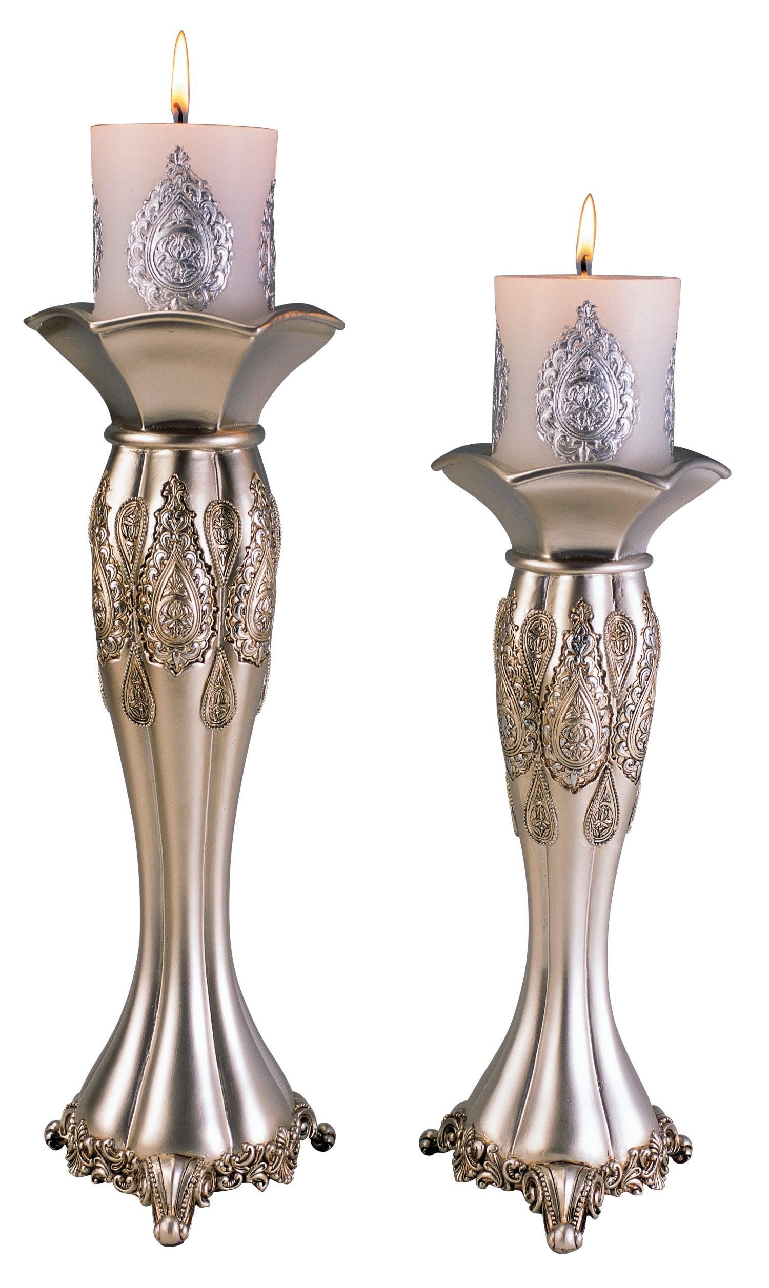 Set of Two Silver Metallic Polyresin Ornate Tabletop Pillar Candle Holders With Candle-Candle Holders-DECOROLALA