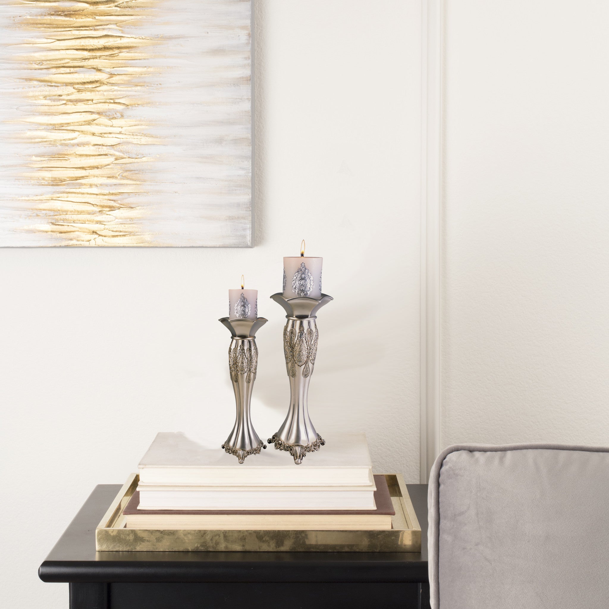 Set of Two Silver Metallic Polyresin Ornate Tabletop Pillar Candle Holders With Candle-Candle Holders-DECOROLALA