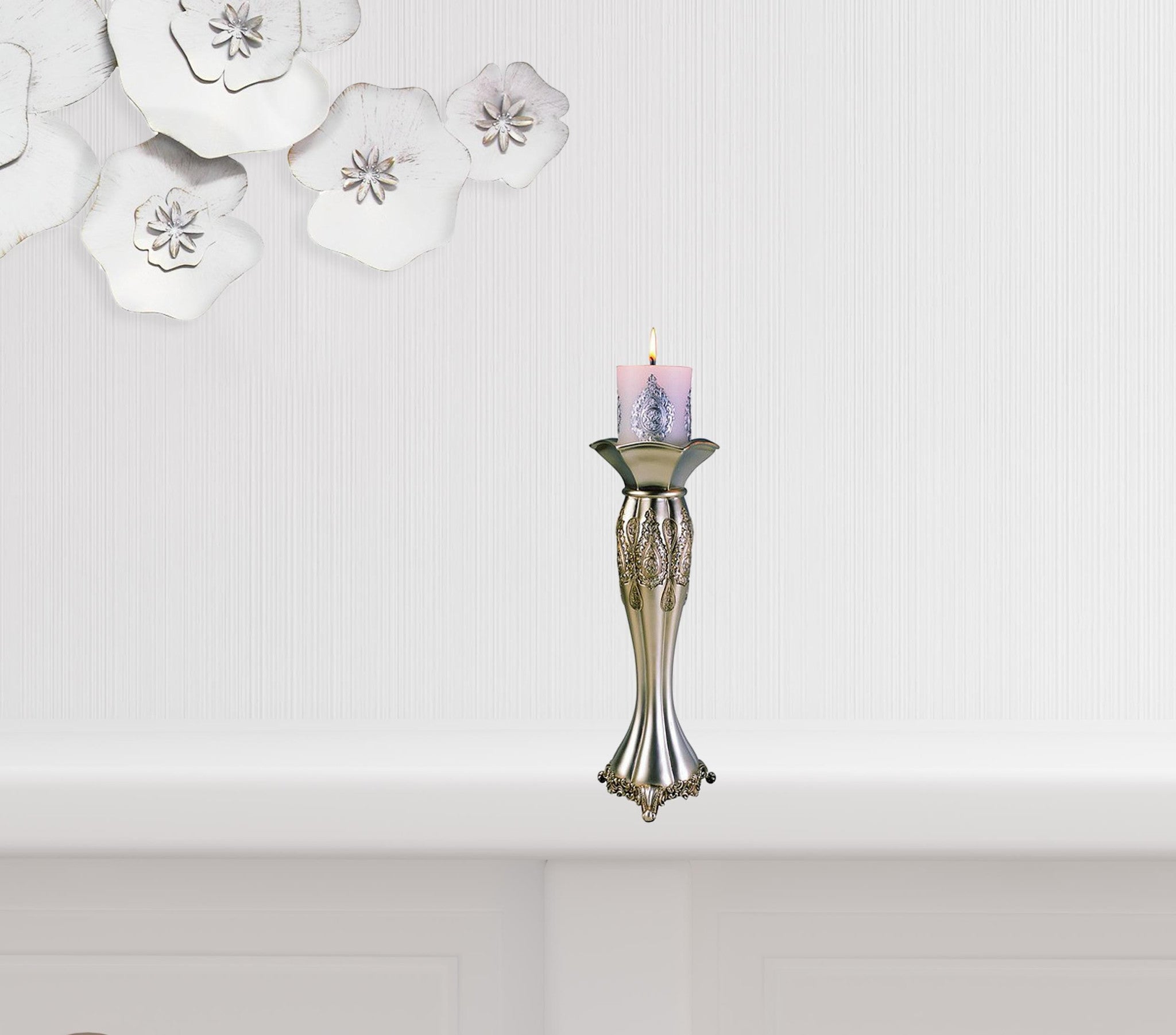 Set of Two Silver Metallic Polyresin Ornate Tabletop Pillar Candle Holders With Candle-Candle Holders-DECOROLALA
