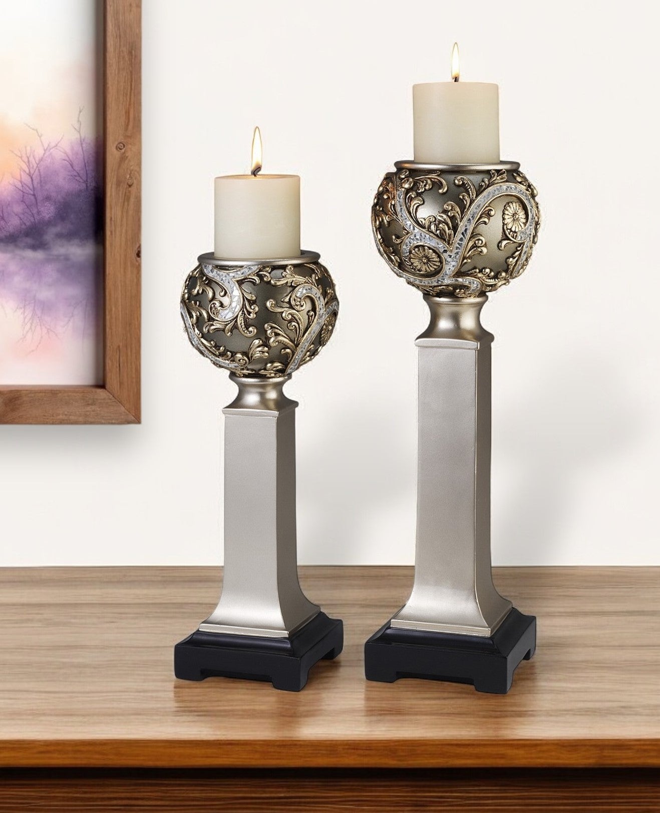 Set of Two Silver Polyresin Filigree Tabletop Pillar Candle Holders With Candle-Candle Holders-DECOROLALA