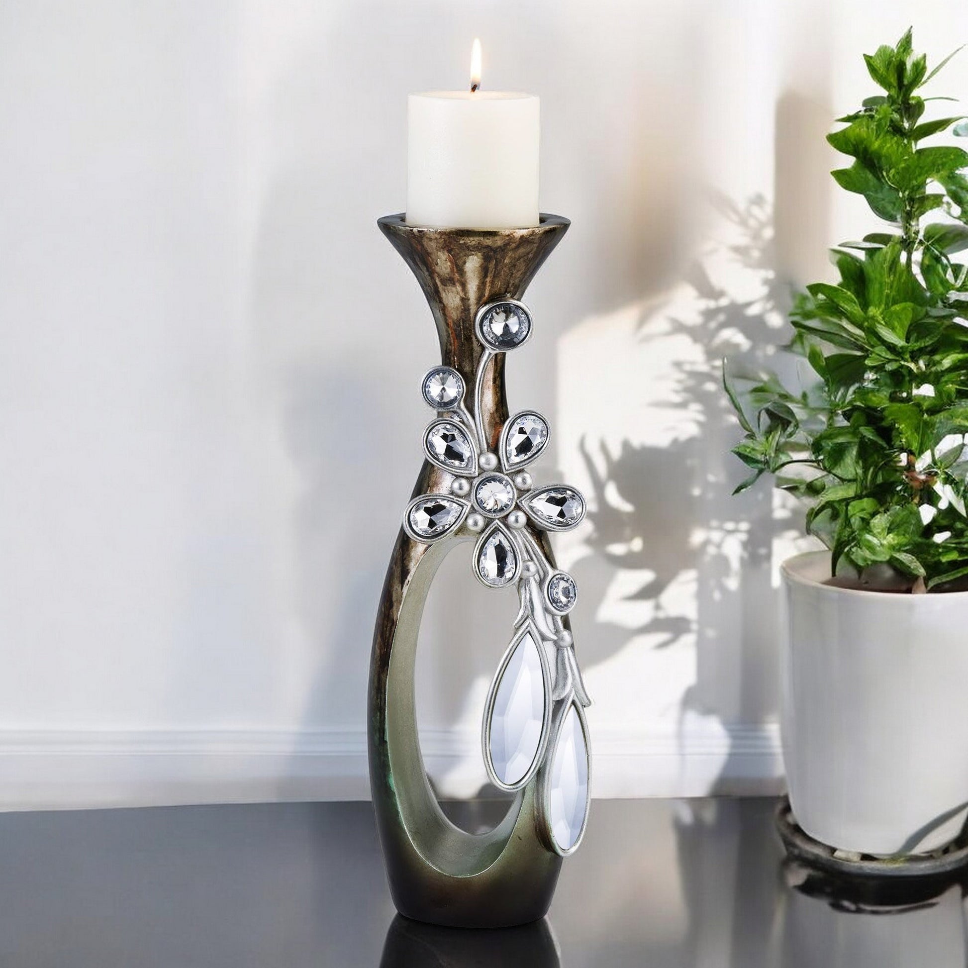 20" Ornate Faux Crystal Tabletop Pillar Candle Holder-Candle Holders-DECOROLALA