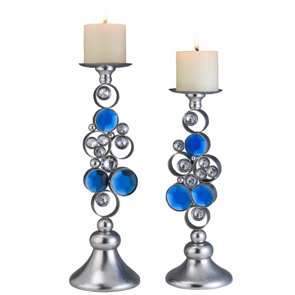 Set Of Two Silver and Blue Bling Tabletop Pillar Candle Holders-Candle Holders-DECOROLALA