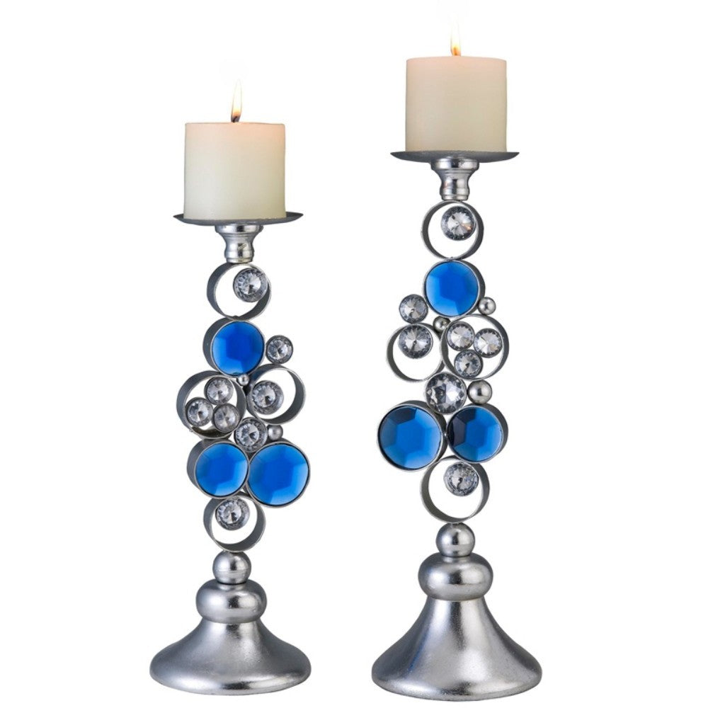 Set Of Two Silver and Blue Bling Tabletop Pillar Candle Holders-Candle Holders-DECOROLALA