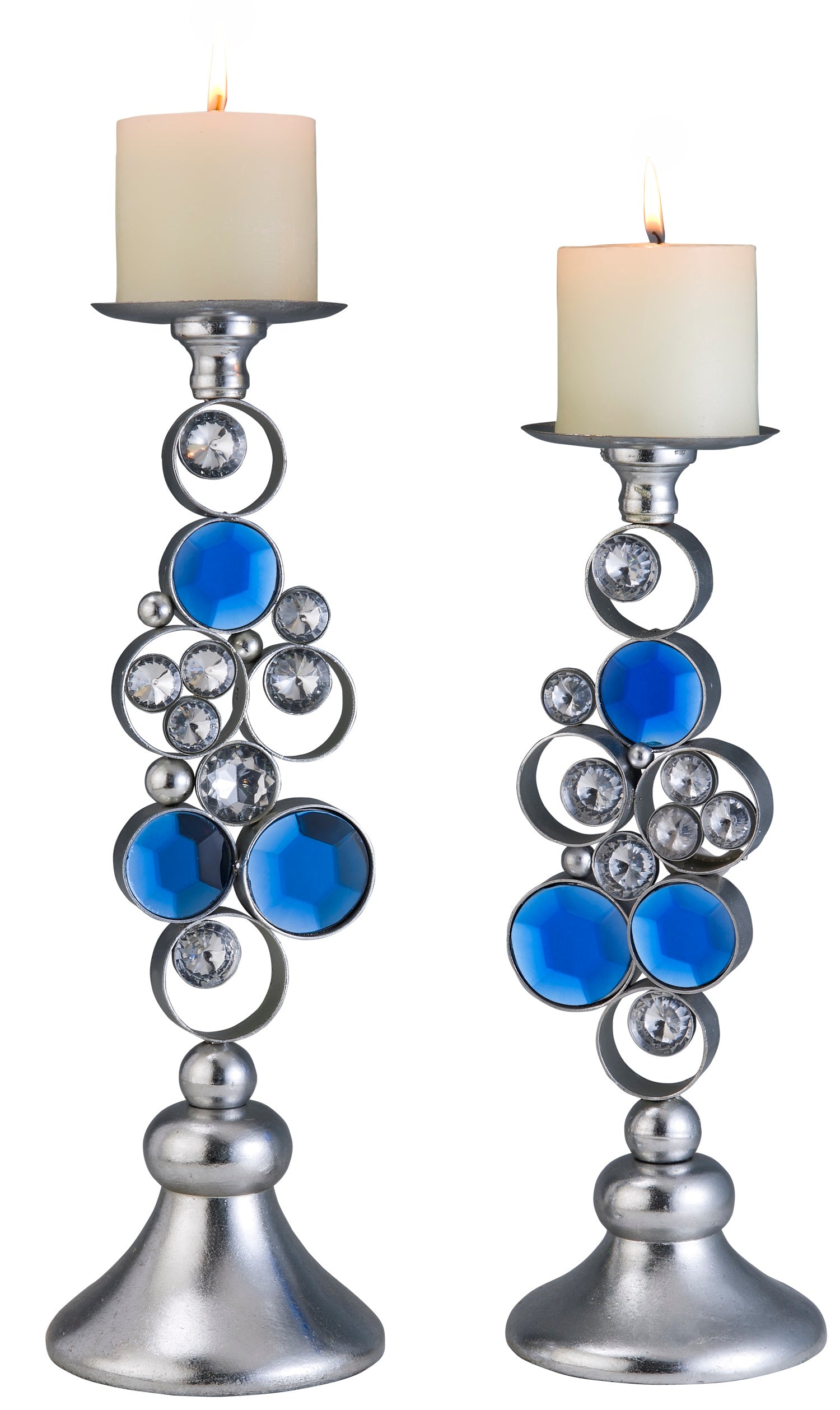 Set Of Two Silver and Blue Bling Tabletop Pillar Candle Holders-Candle Holders-DECOROLALA