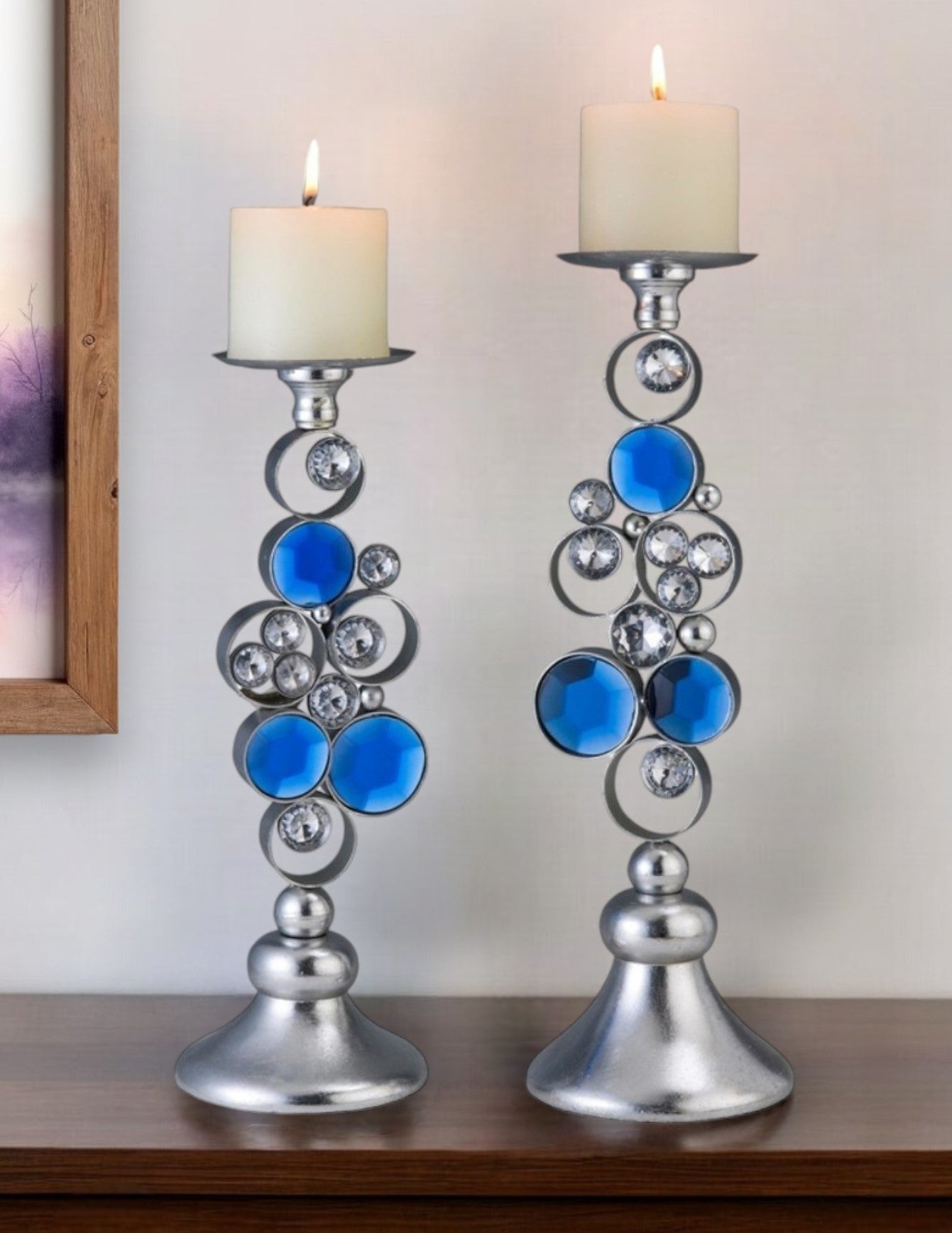 Set Of Two Silver and Blue Bling Tabletop Pillar Candle Holders-Candle Holders-DECOROLALA