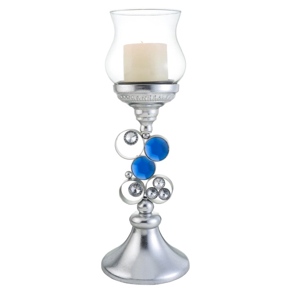 18" Silver and Blue Faux Crystal Bling Hurricane Candle Holder-Candle Holders-DECOROLALA