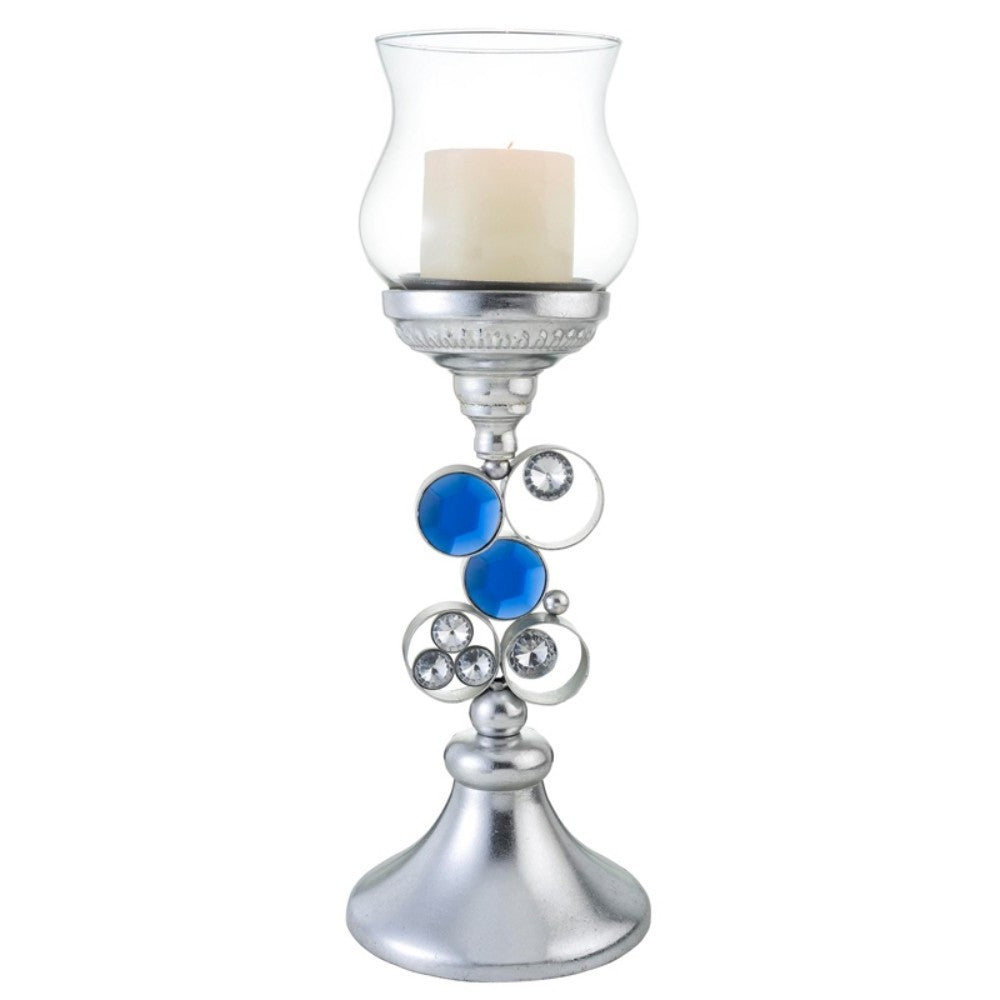 18" Silver and Blue Faux Crystal Bling Hurricane Candle Holder-Candle Holders-DECOROLALA