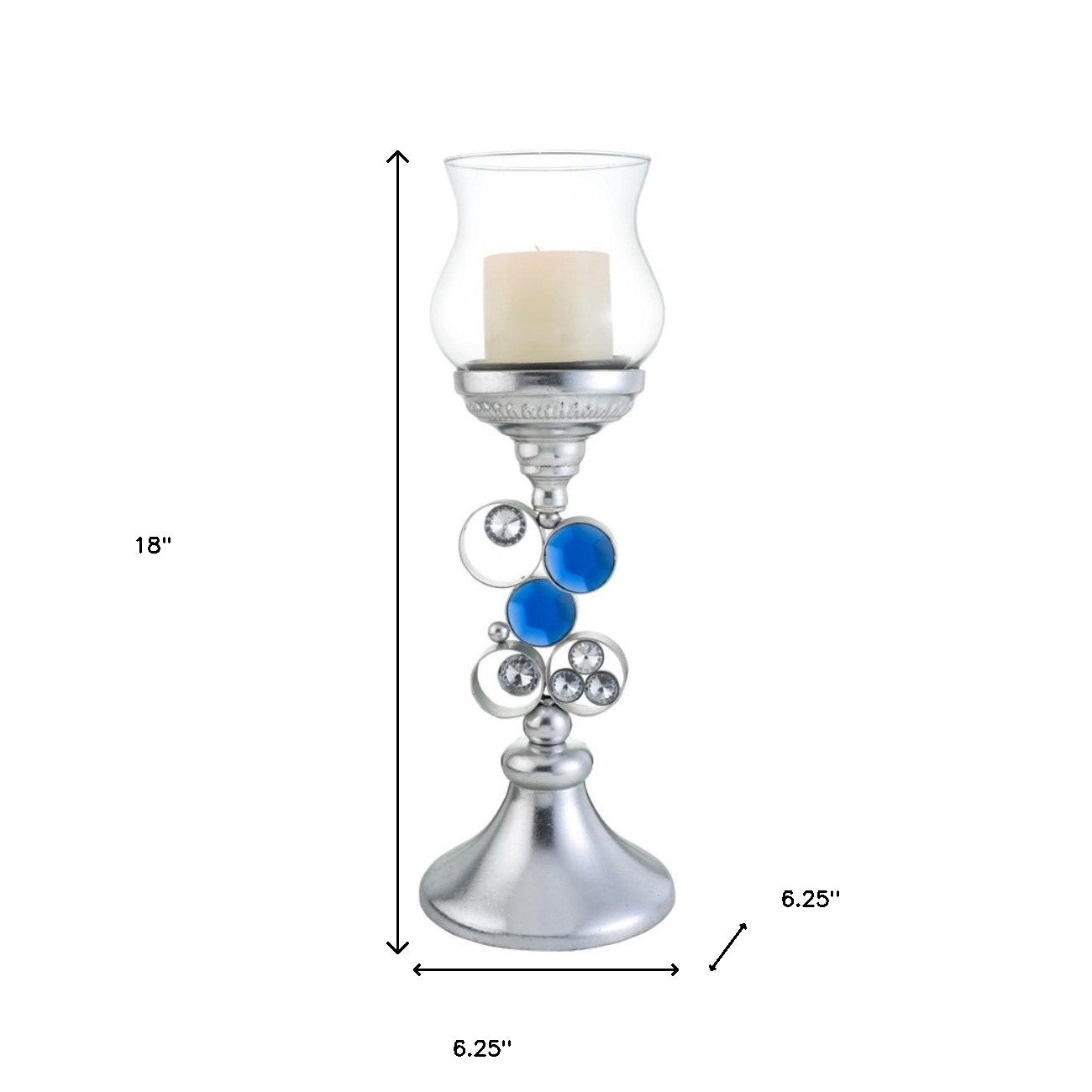 18" Silver and Blue Faux Crystal Bling Hurricane Candle Holder-Candle Holders-DECOROLALA