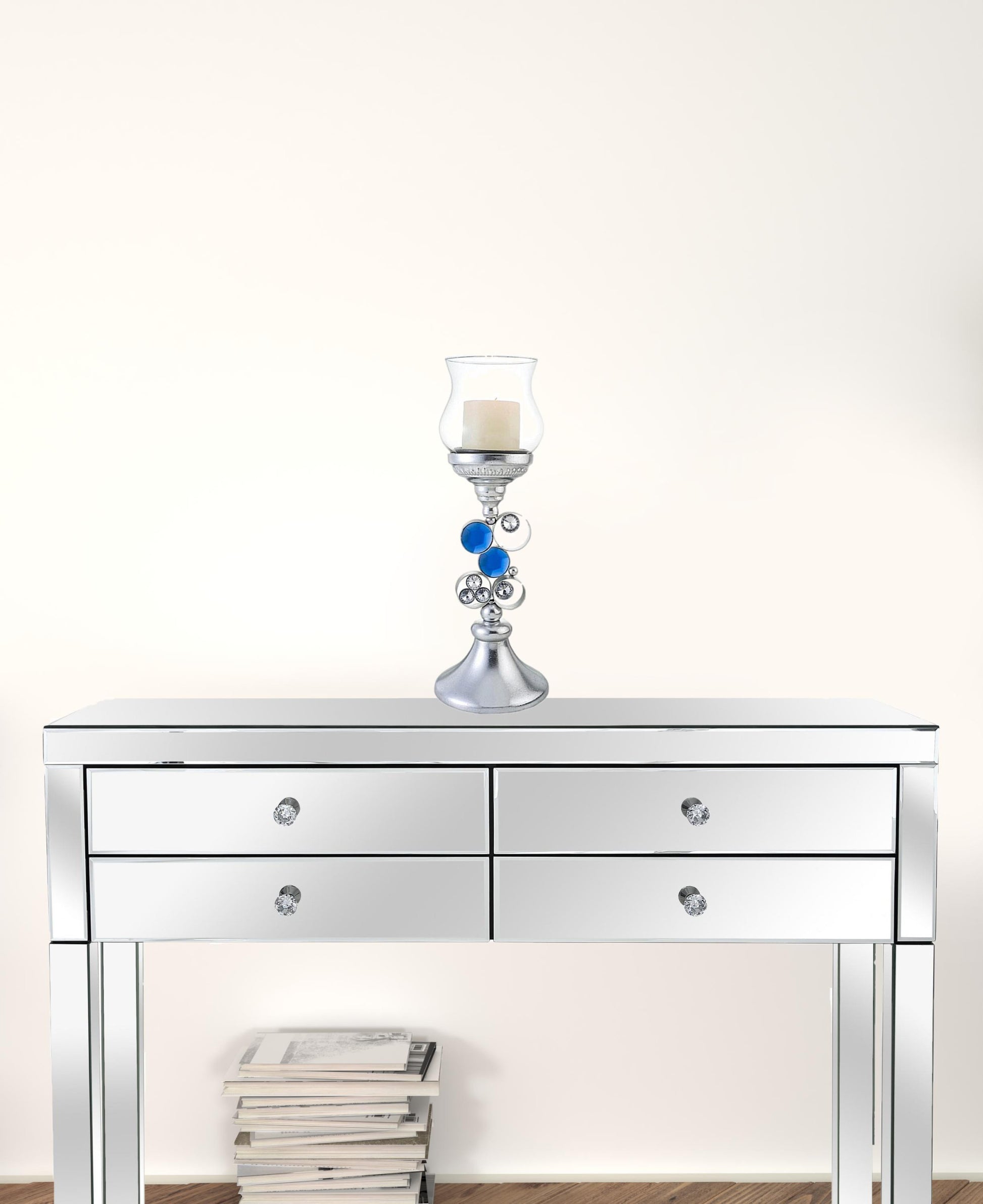 18" Silver and Blue Faux Crystal Bling Hurricane Candle Holder-Candle Holders-DECOROLALA