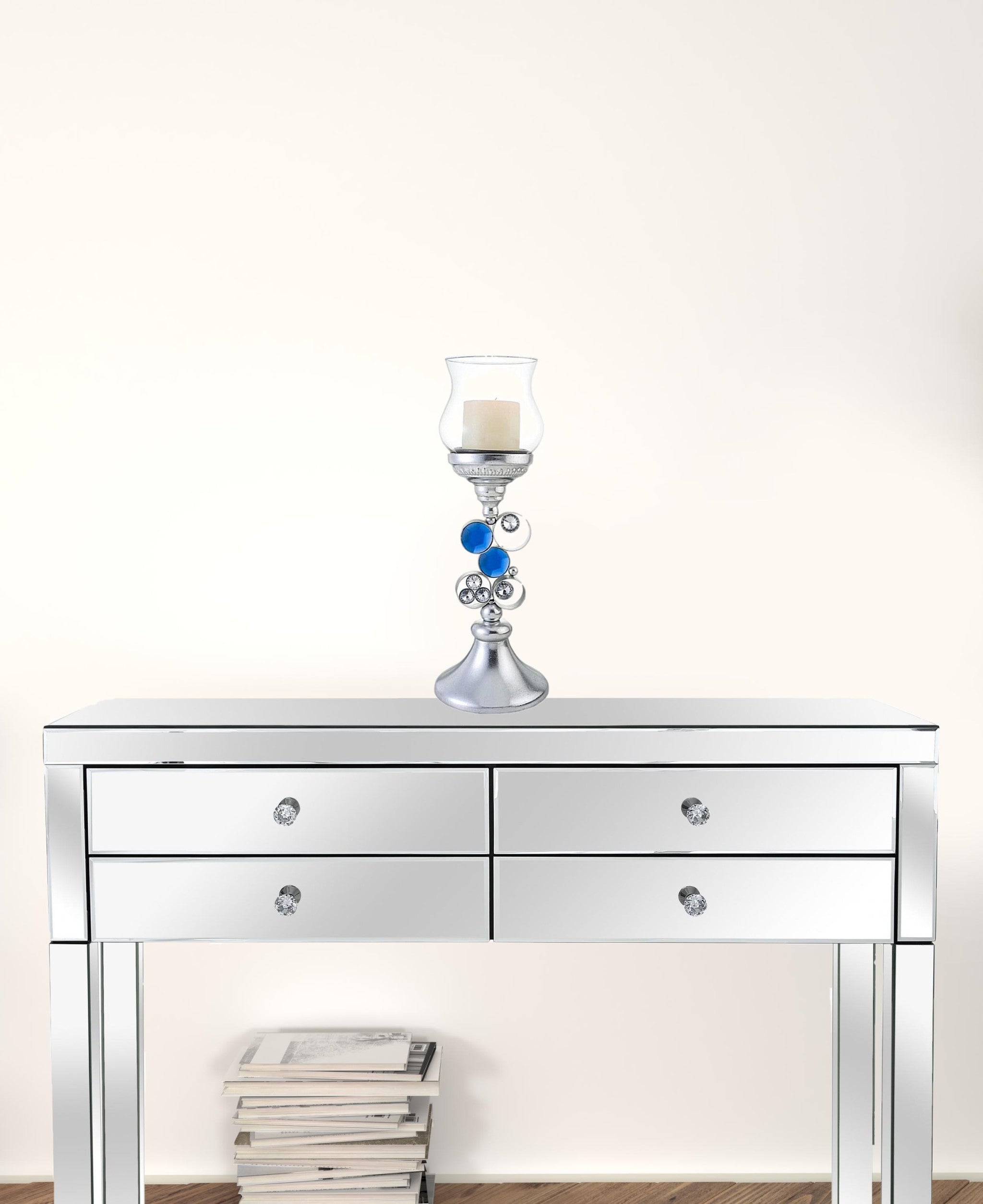 18" Silver and Blue Faux Crystal Bling Hurricane Candle Holder-Candle Holders-DECOROLALA