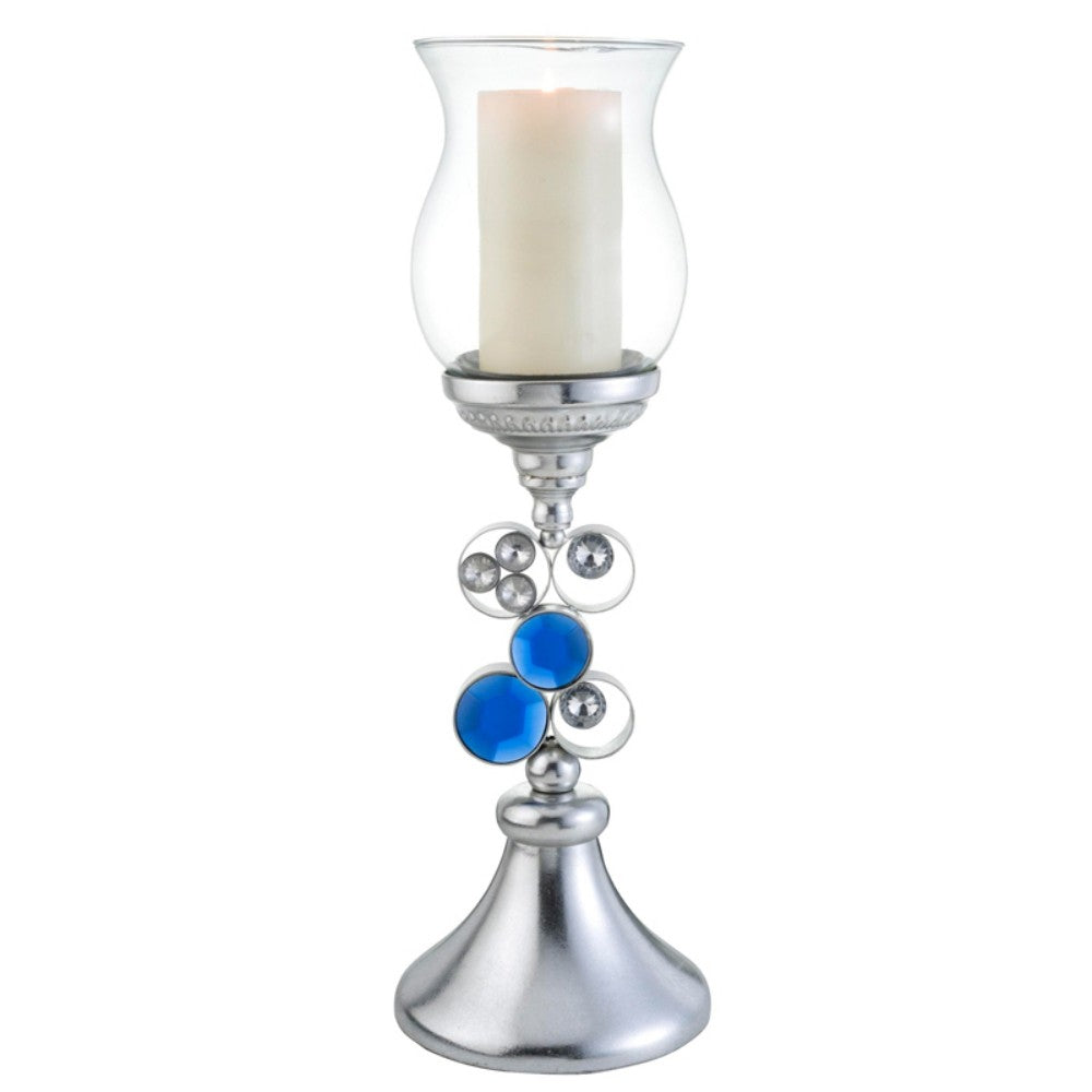 21" Silver and Blue Faux Crystal Bling Hurricane Candle Holder-Candle Holders-DECOROLALA