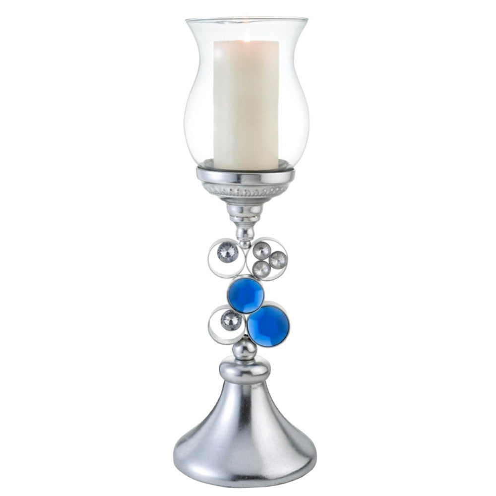 21" Silver and Blue Faux Crystal Bling Hurricane Candle Holder-Candle Holders-DECOROLALA