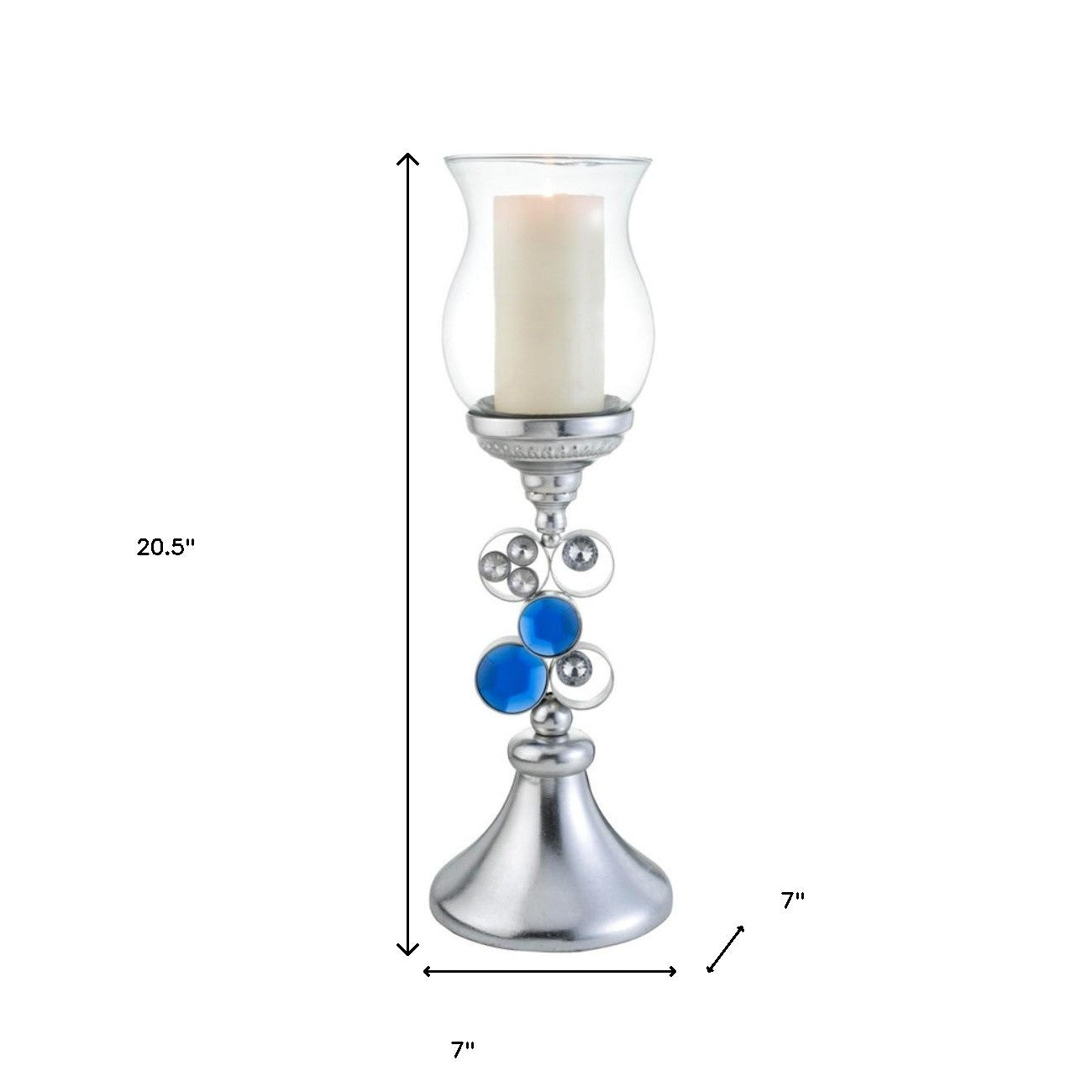 21" Silver and Blue Faux Crystal Bling Hurricane Candle Holder-Candle Holders-DECOROLALA