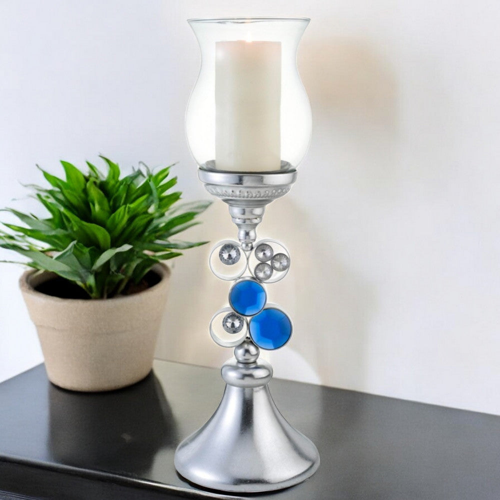 21" Silver and Blue Faux Crystal Bling Hurricane Candle Holder-Candle Holders-DECOROLALA