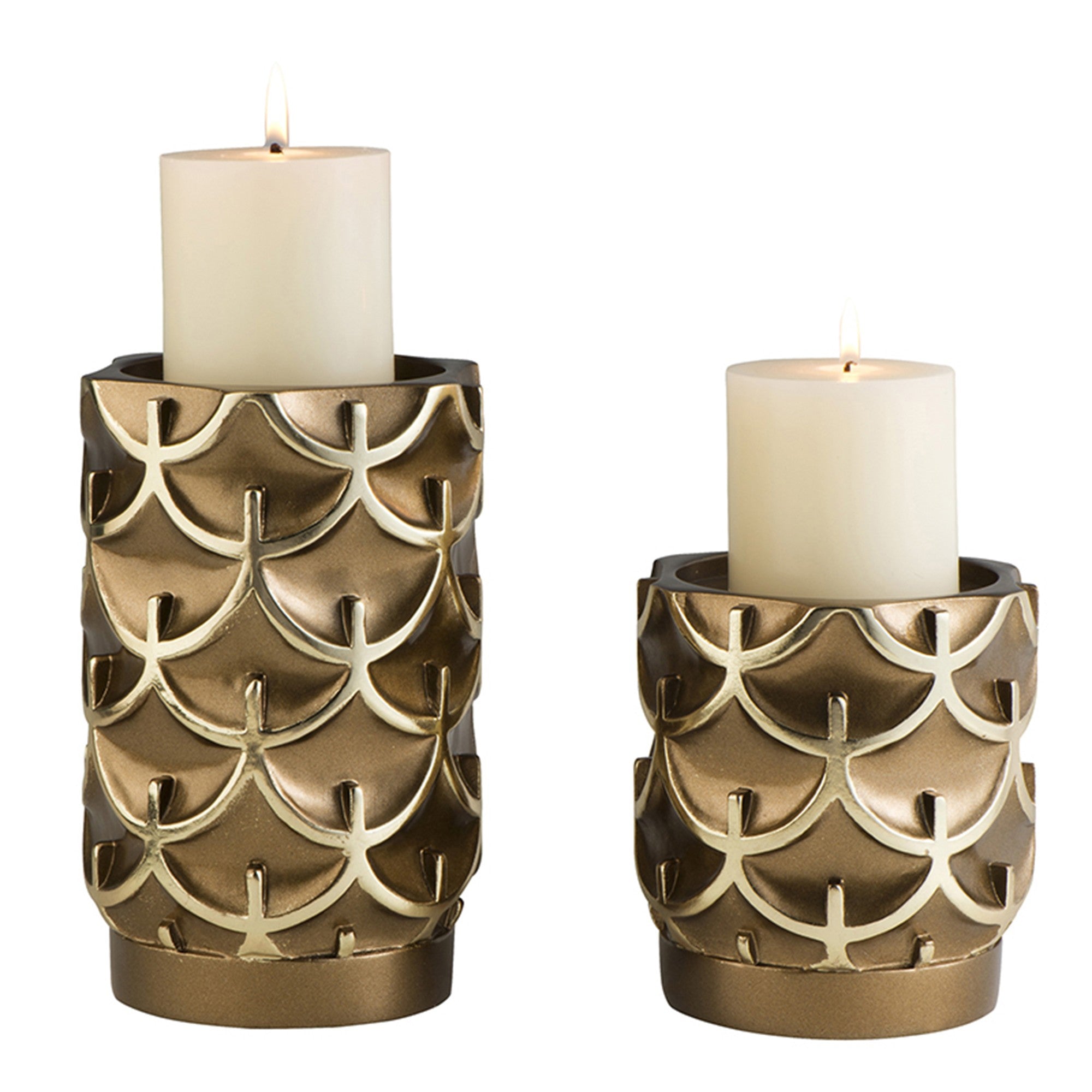 Set Of Two Antiqued Brass Tabletop Pillar Candle Holders-Candle Holders-DECOROLALA