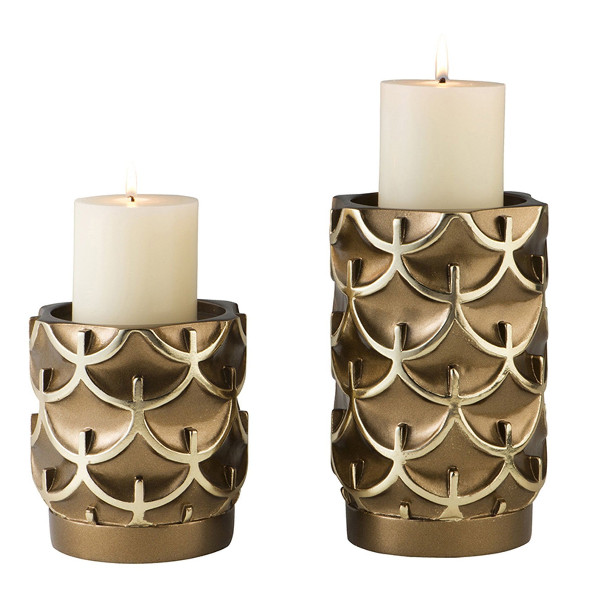 Set Of Two Antiqued Brass Tabletop Pillar Candle Holders-Candle Holders-DECOROLALA