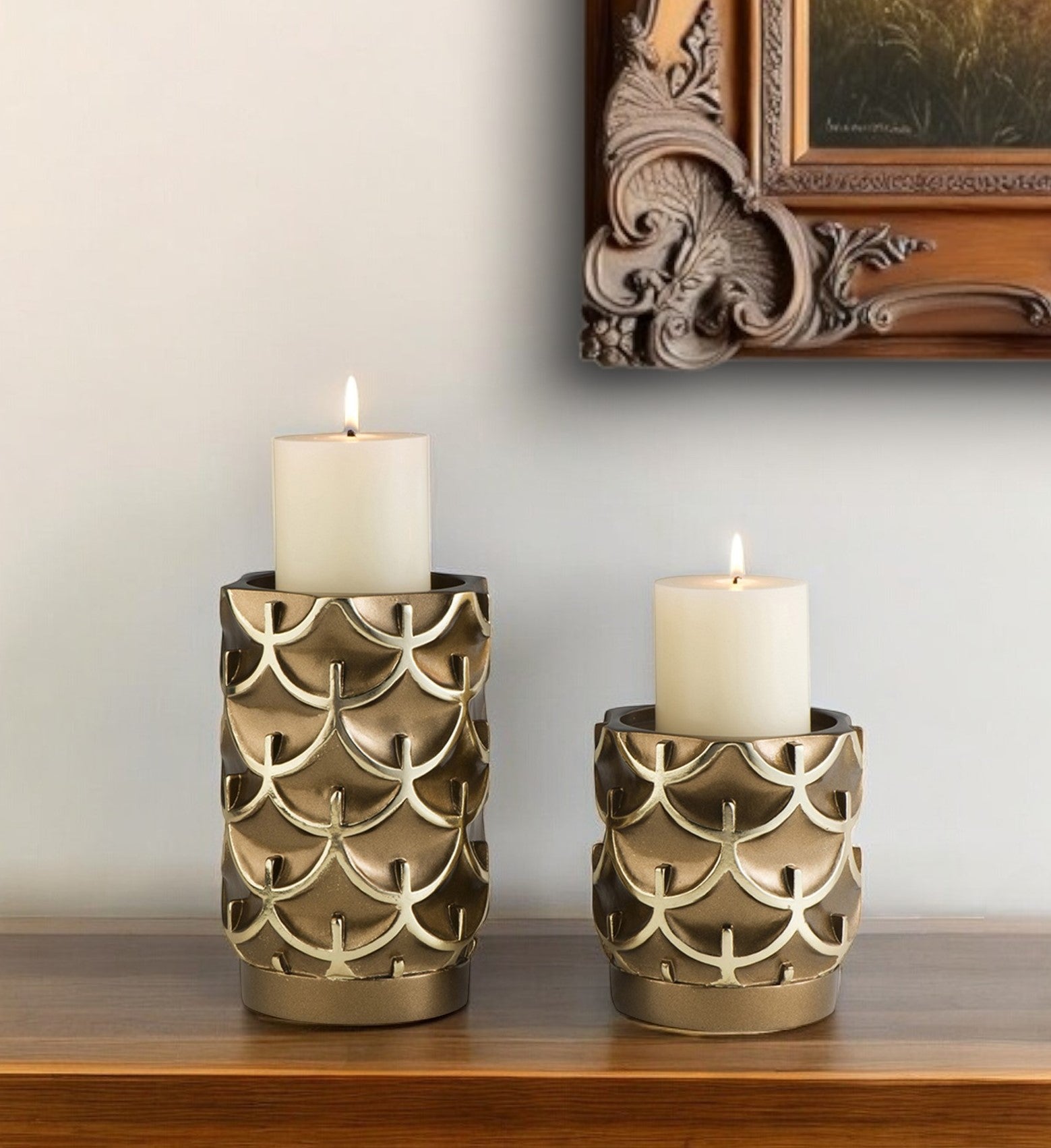 Set Of Two Antiqued Brass Tabletop Pillar Candle Holders-Candle Holders-DECOROLALA