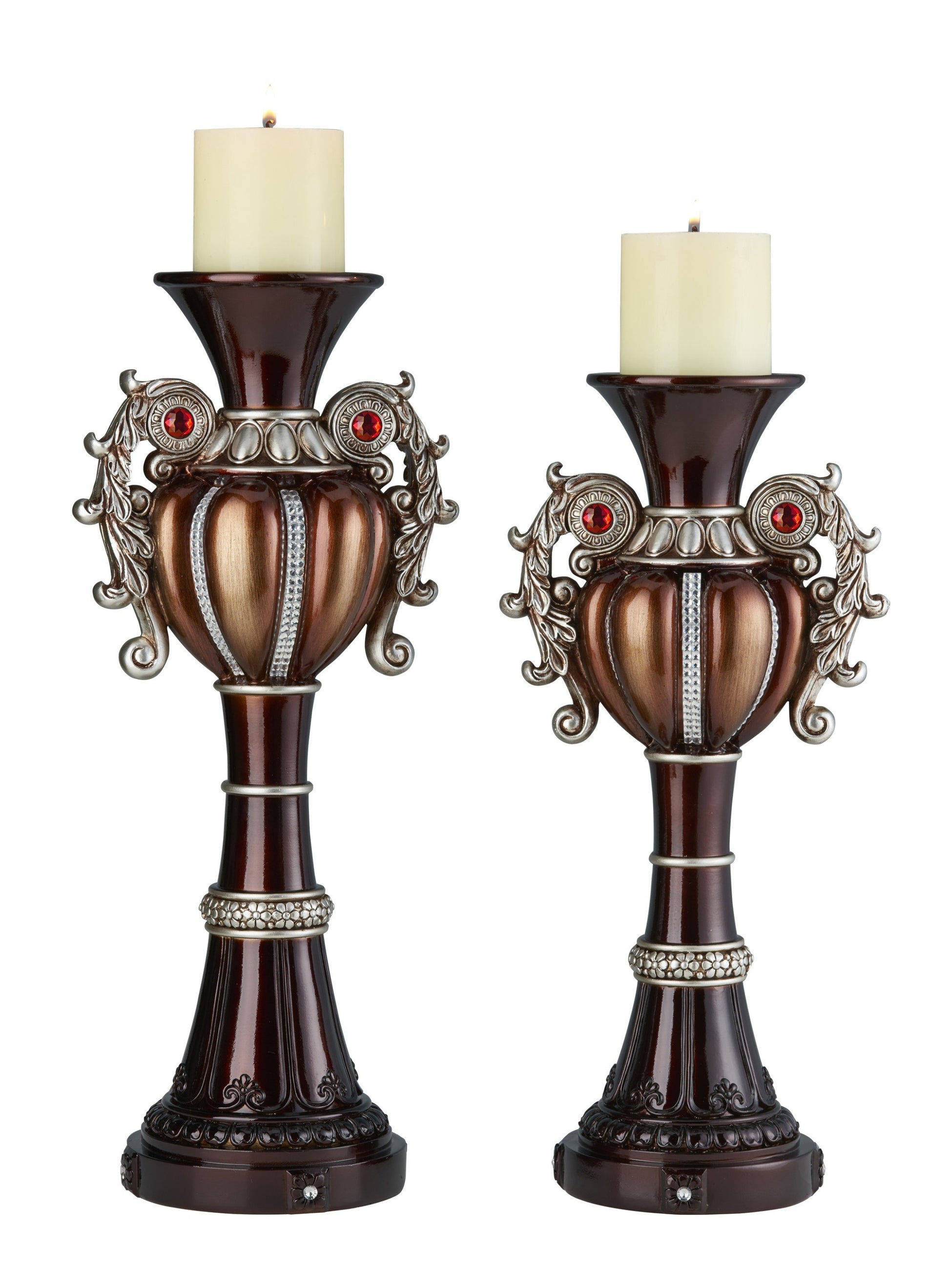Set Of Two Bronze Tabletop Urn Shape Pillar Candle Holders-Candle Holders-DECOROLALA