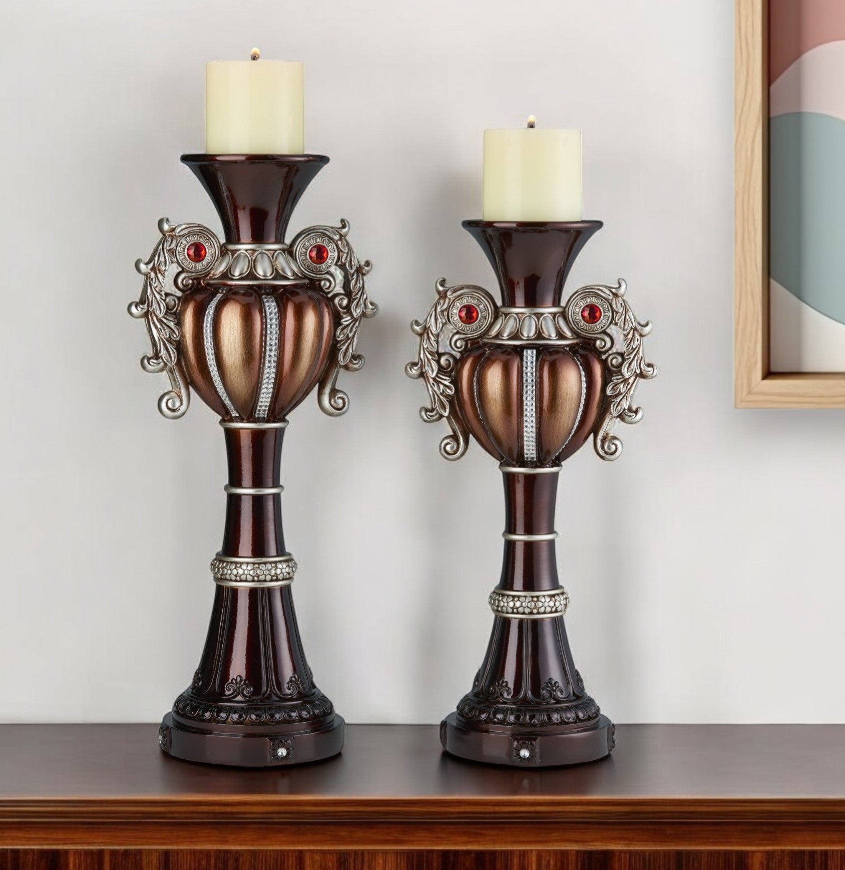 Set Of Two Bronze Tabletop Urn Shape Pillar Candle Holders-Candle Holders-DECOROLALA