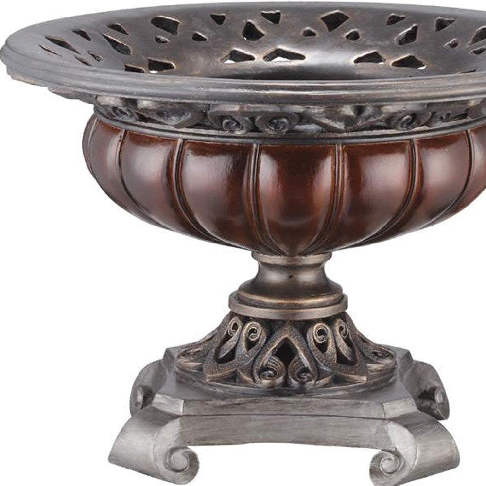 9" Silver and Bronze Polyresin Decorative Centerpiece Pedestal Bowl-Sculptures-DECOROLALA