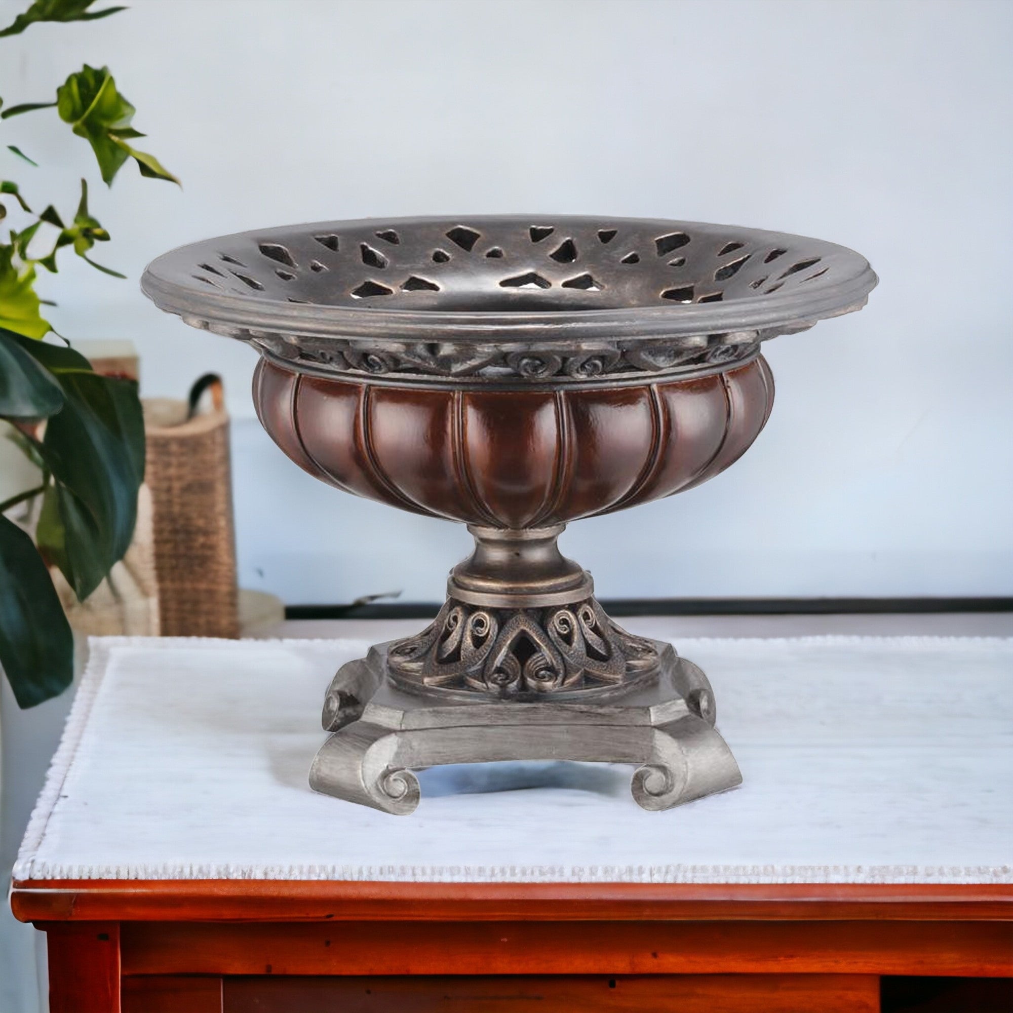 9" Silver and Bronze Polyresin Decorative Centerpiece Pedestal Bowl-Sculptures-DECOROLALA