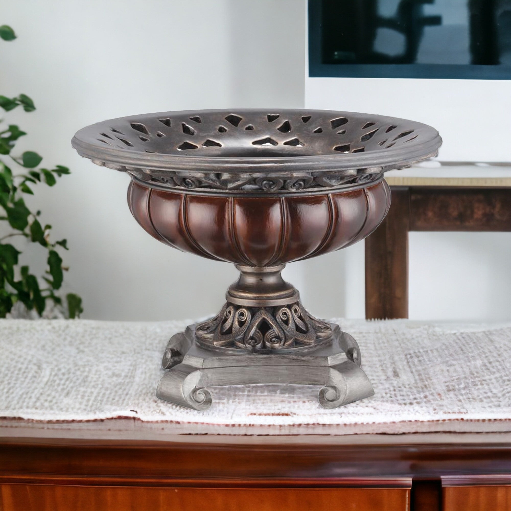 9" Silver and Bronze Polyresin Decorative Centerpiece Pedestal Bowl-Sculptures-DECOROLALA