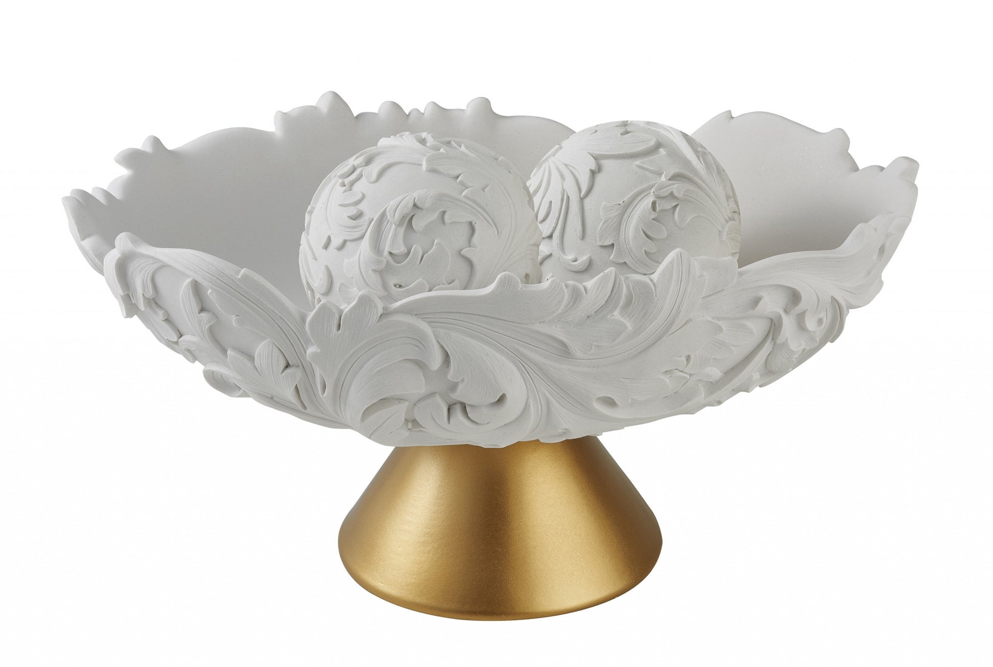 9" Matte Gold And White Polyresin Decorative Bowl With Orbs-Sculptures-DECOROLALA